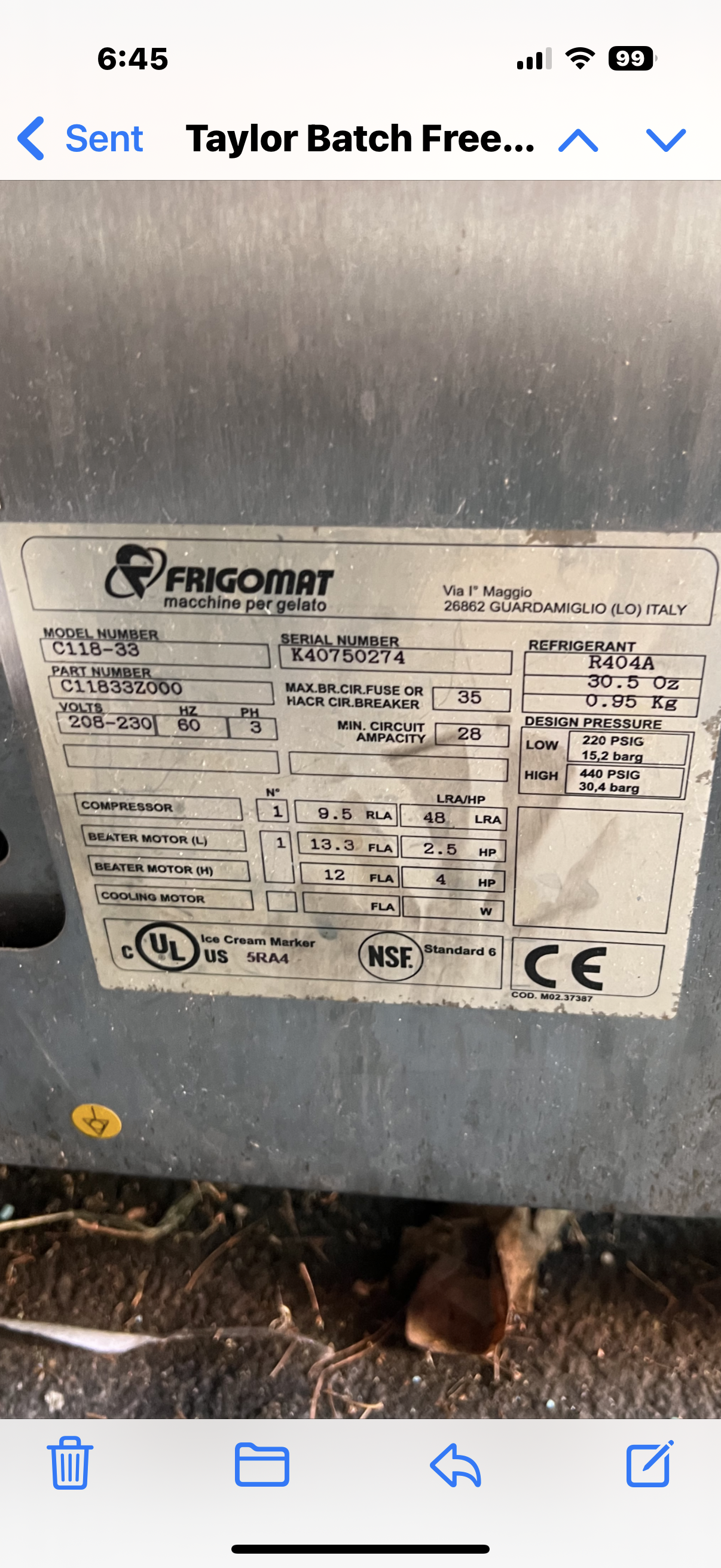 One (1) Taylor / Frigomat C118  3ph water