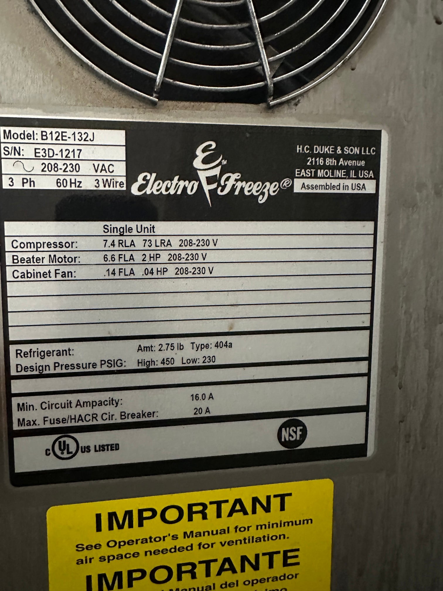 2021 Electro Freeze b12e-132j – Water Cooled – 3-Phase E3D1217