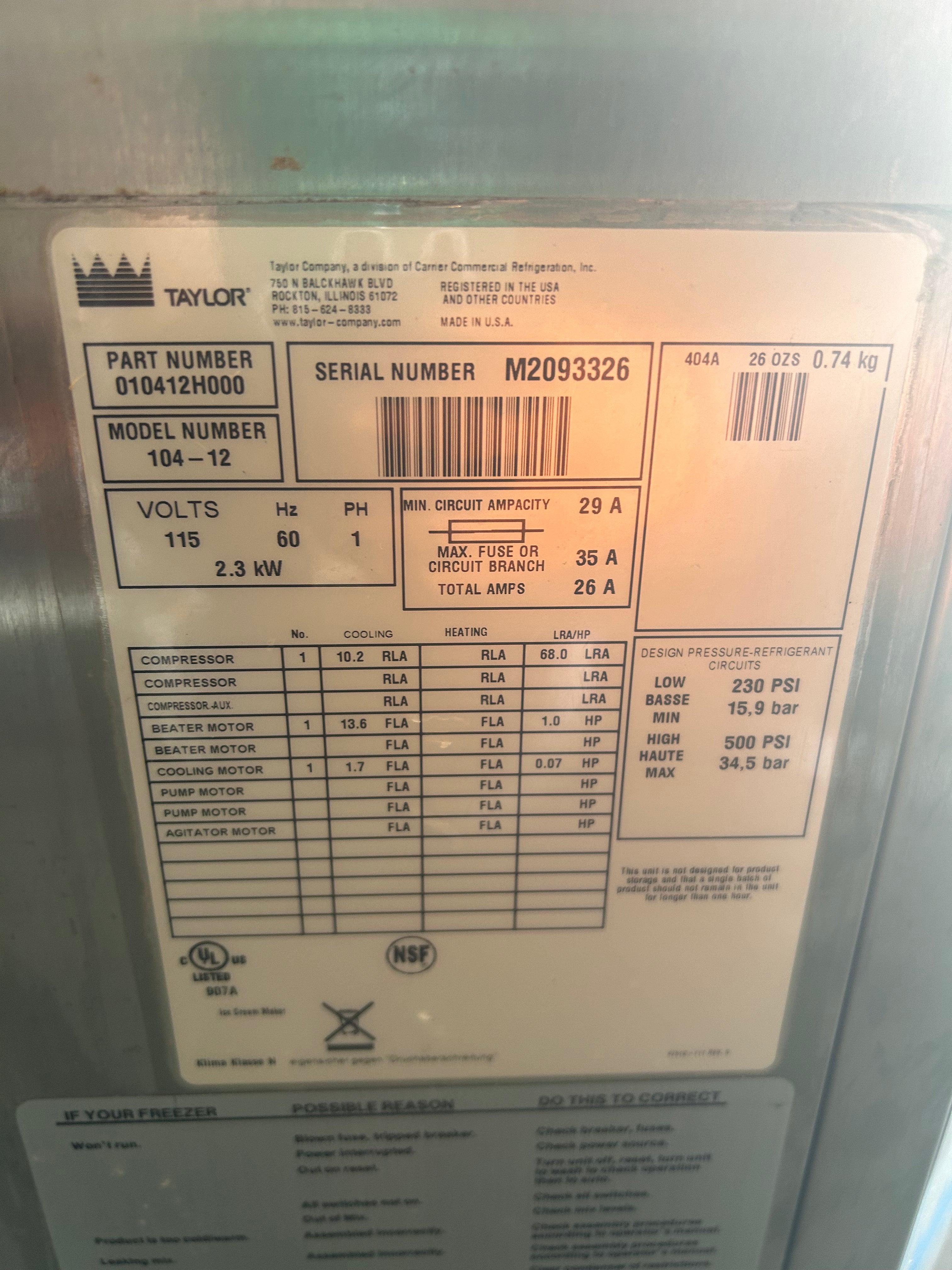 2012 Taylor 104-12 1PH Air Countertop 3 quart Commercial Ice Cream Batch Freezer