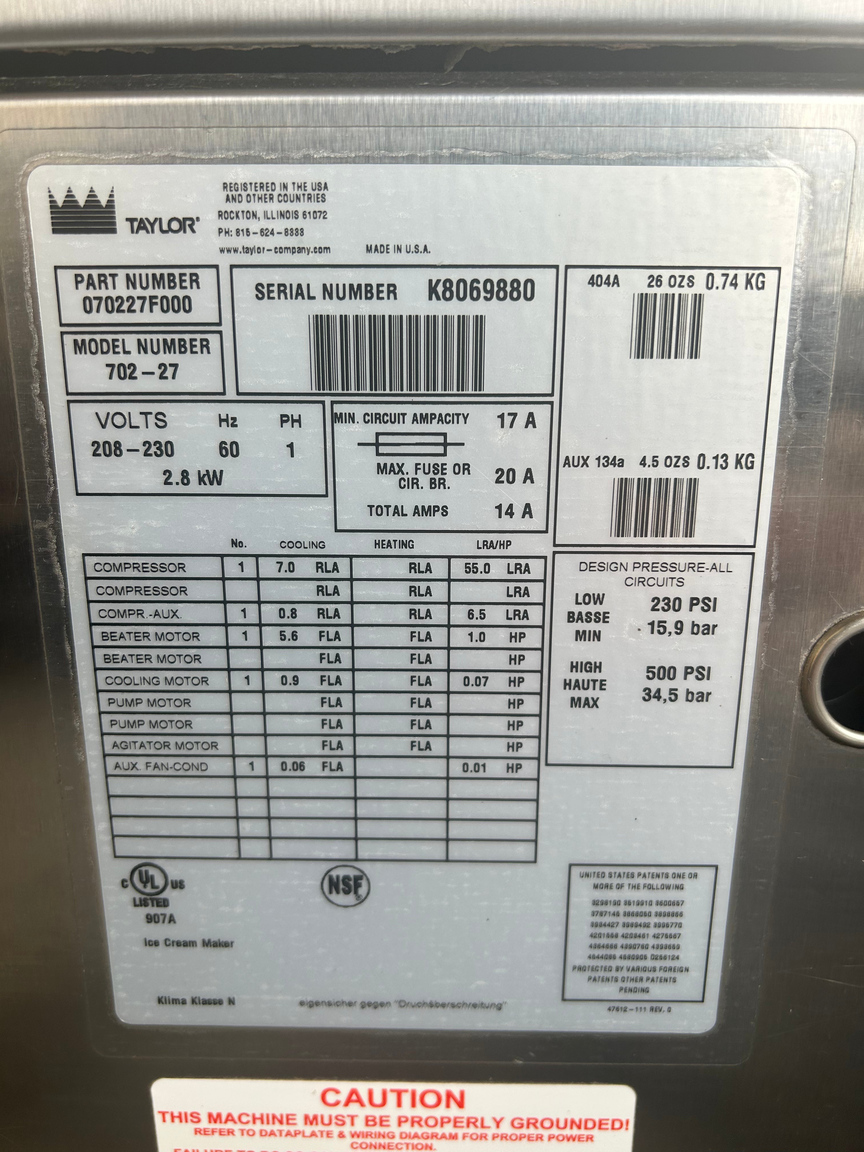 2008 Taylor 702-27 1PH Air Countertop High Output Single Flavor Soft Serve Machine