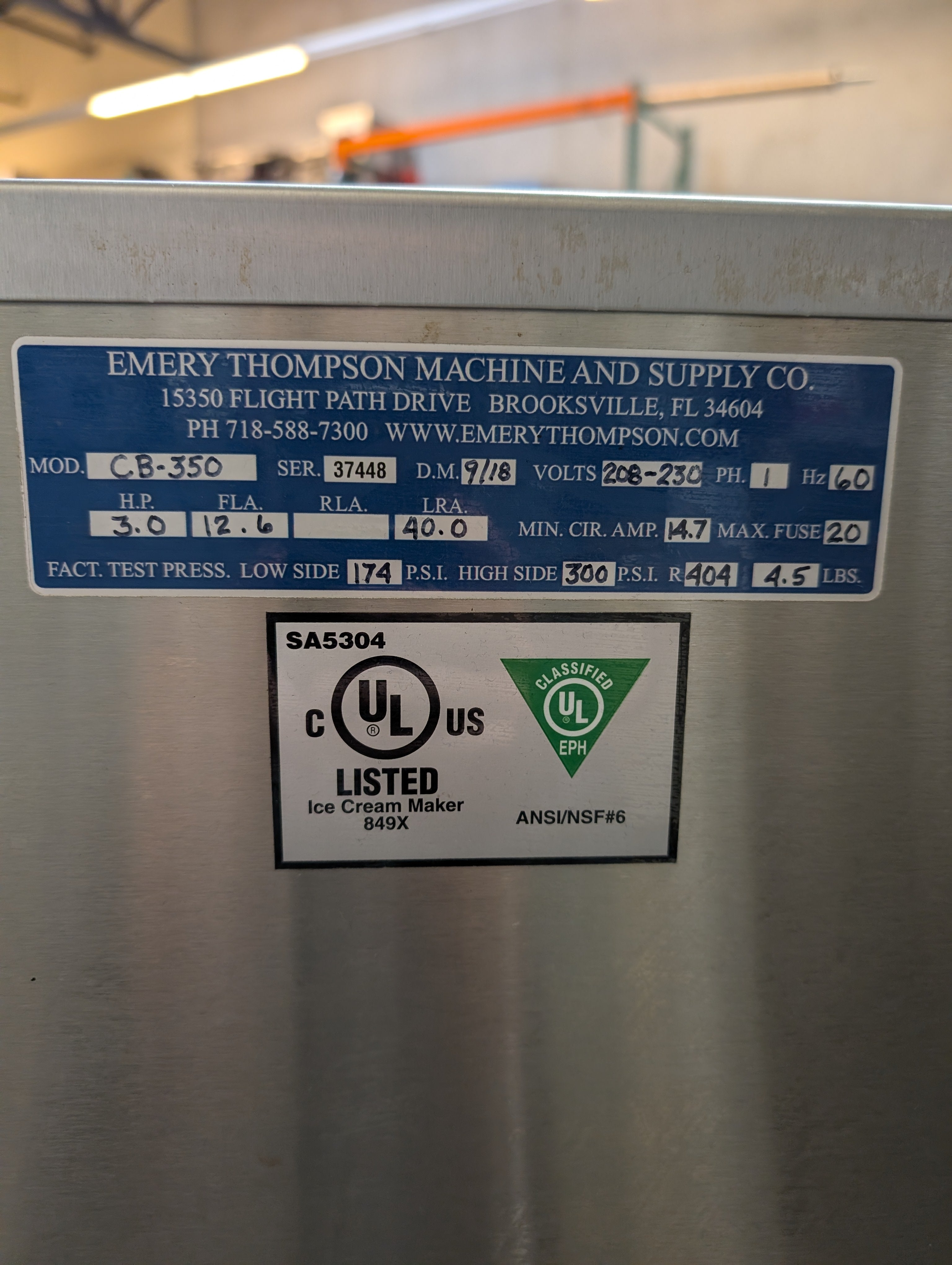 2018 Emery Thompson Batch Freezer CB350 and Stand 1ph air