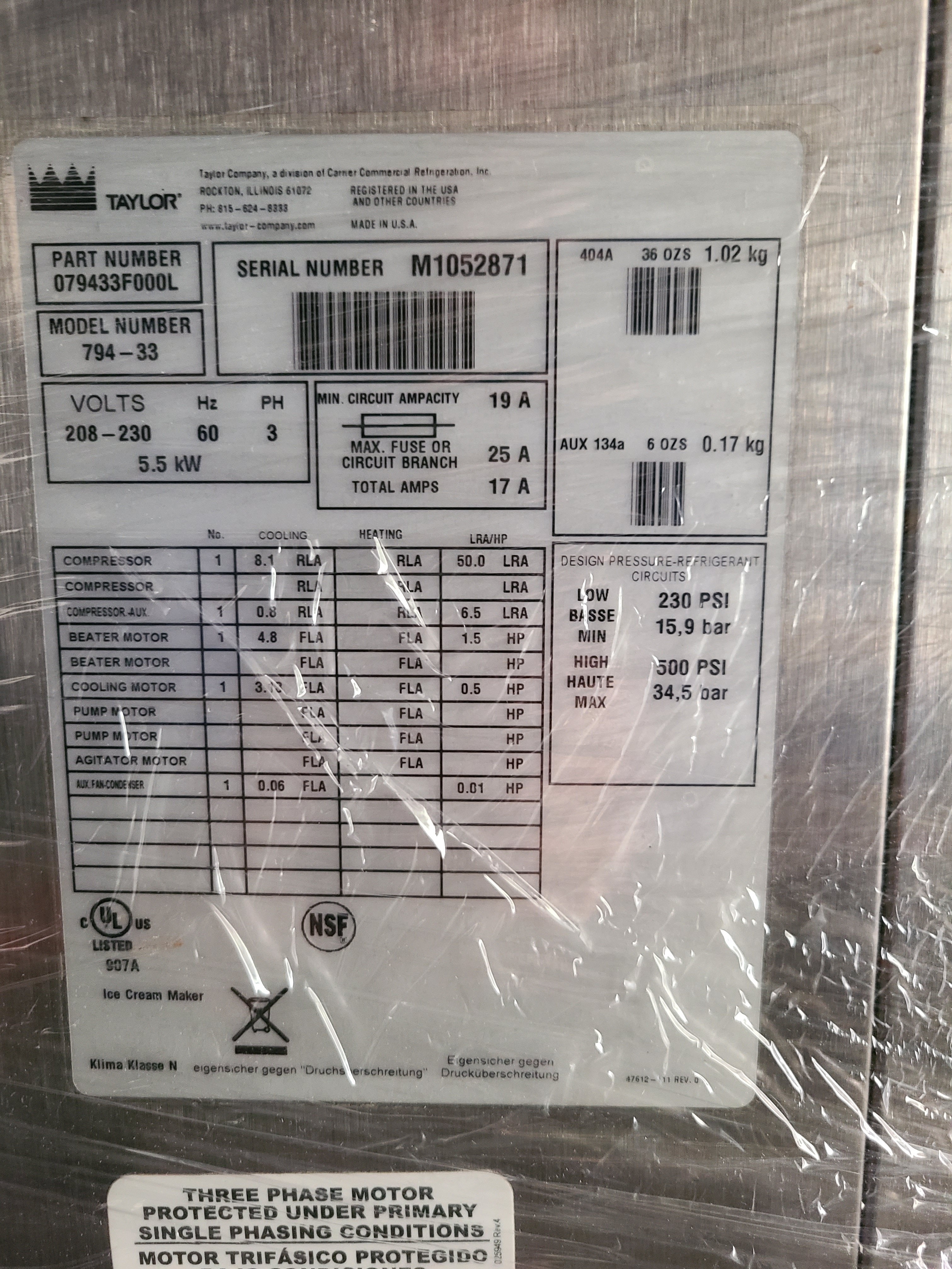 2011 Taylor 794 3 phase air cooled