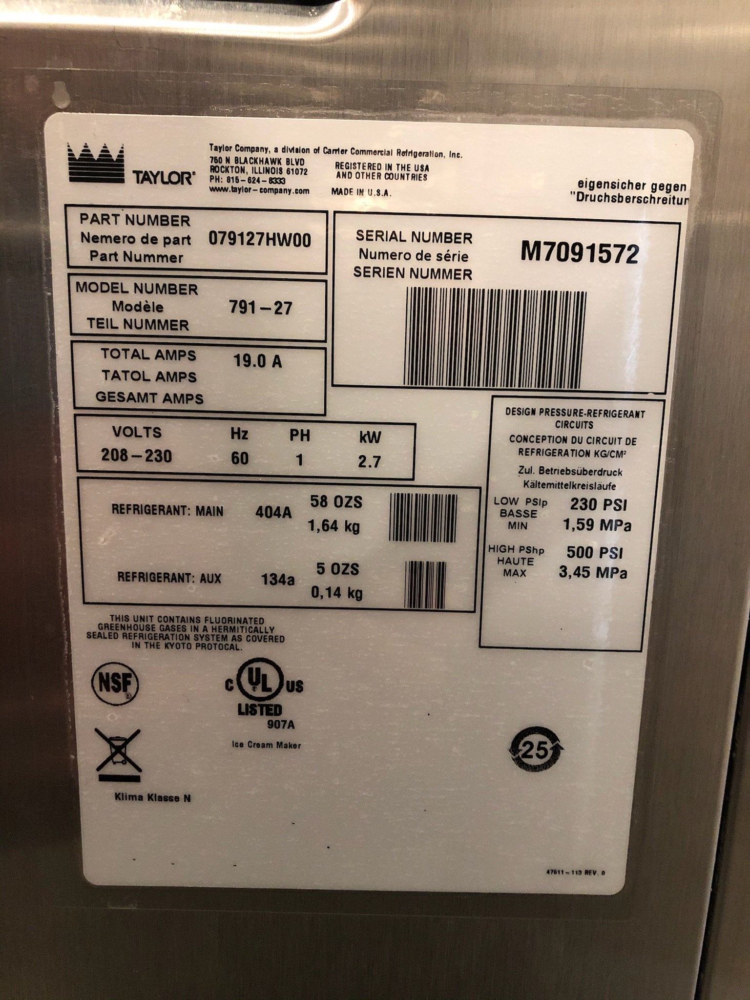 2017 Taylor 791 single phase air cooled excellent condition