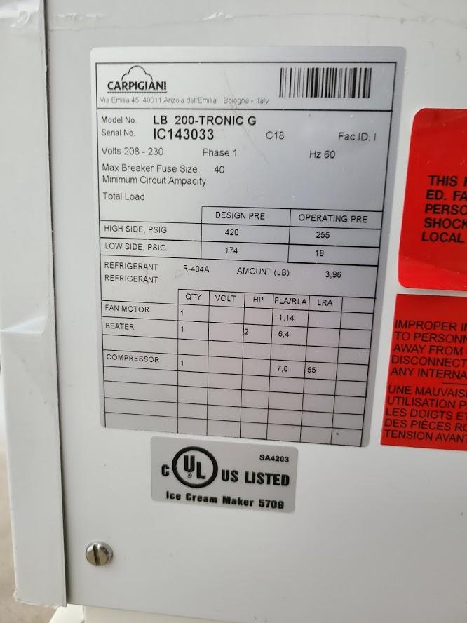 2018 LB200 1ph air countertop Carpigiani Batch Freezer - Batch Freezers - TurnKeyParlor.com