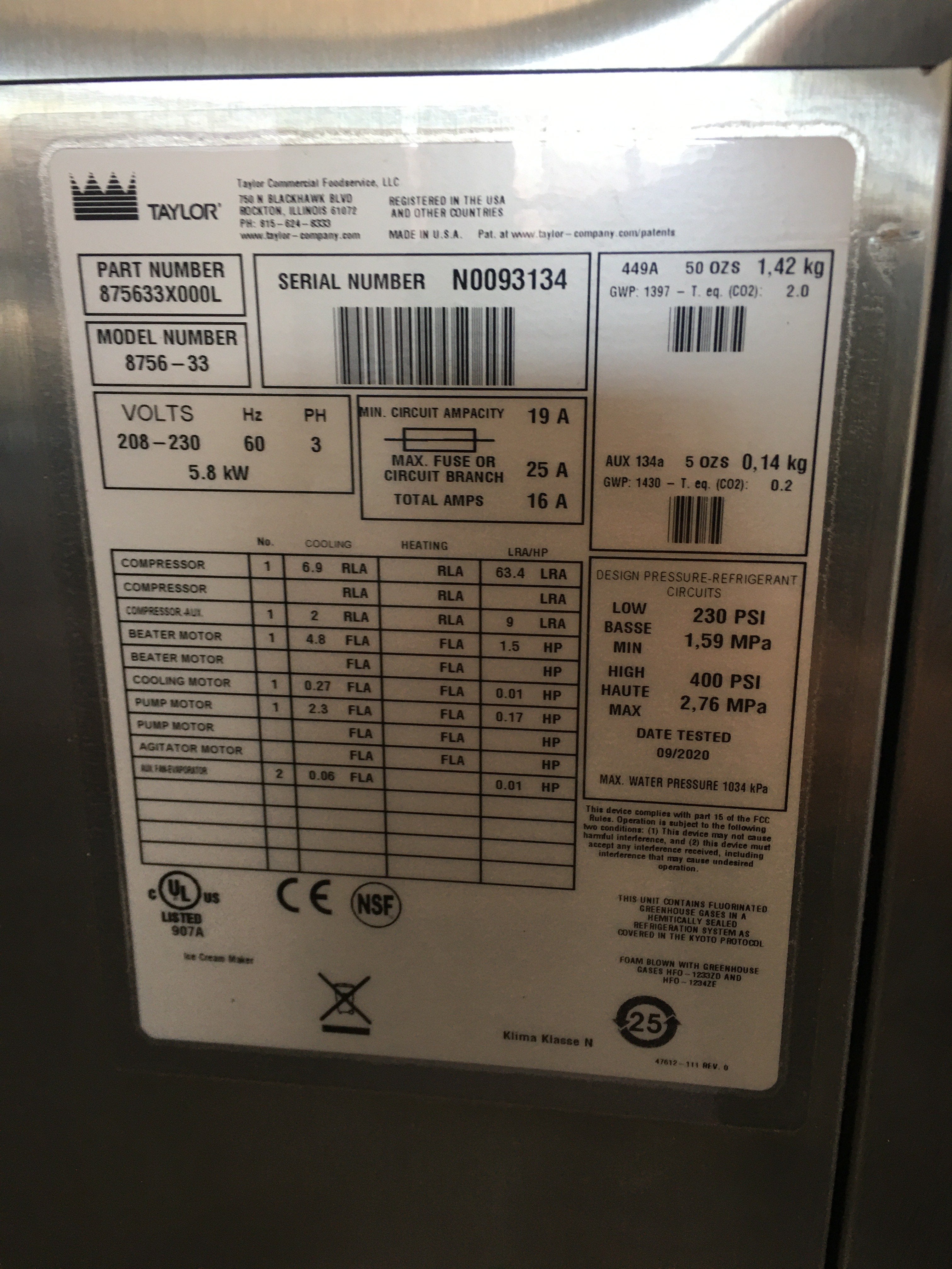 2020 Taylor 8756 3ph water barely used