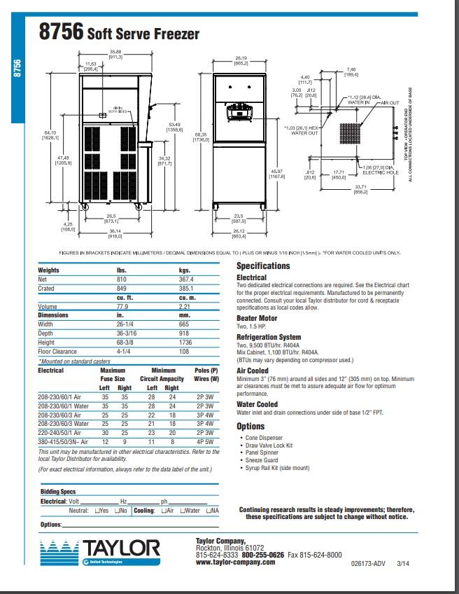 2020 Taylor 8756 3ph water barely used
