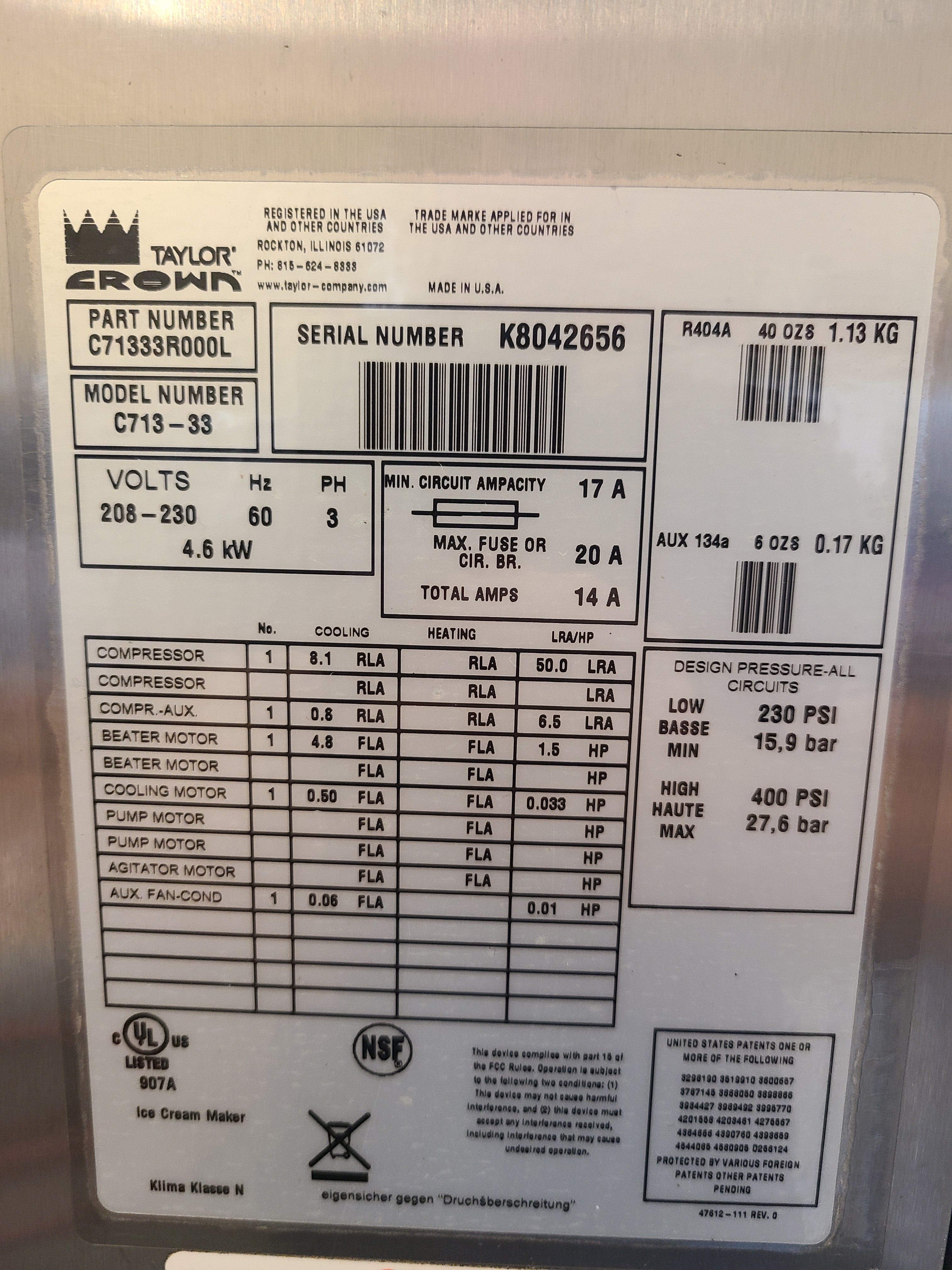 2008 Taylor C713 3PH Water Cooled w/ Warranty