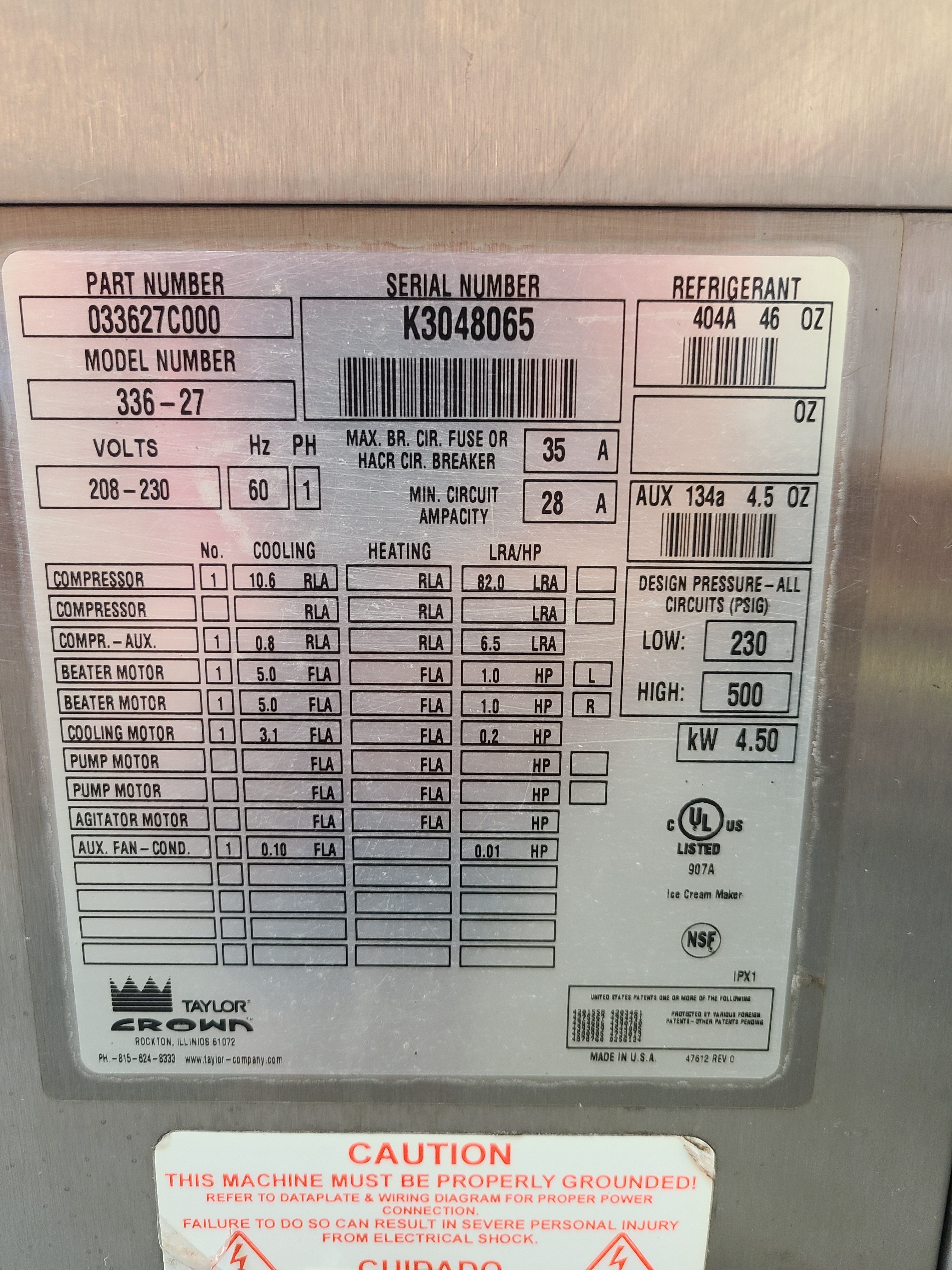 2003 Taylor 336 1PH Air Cooled w/ Warranty