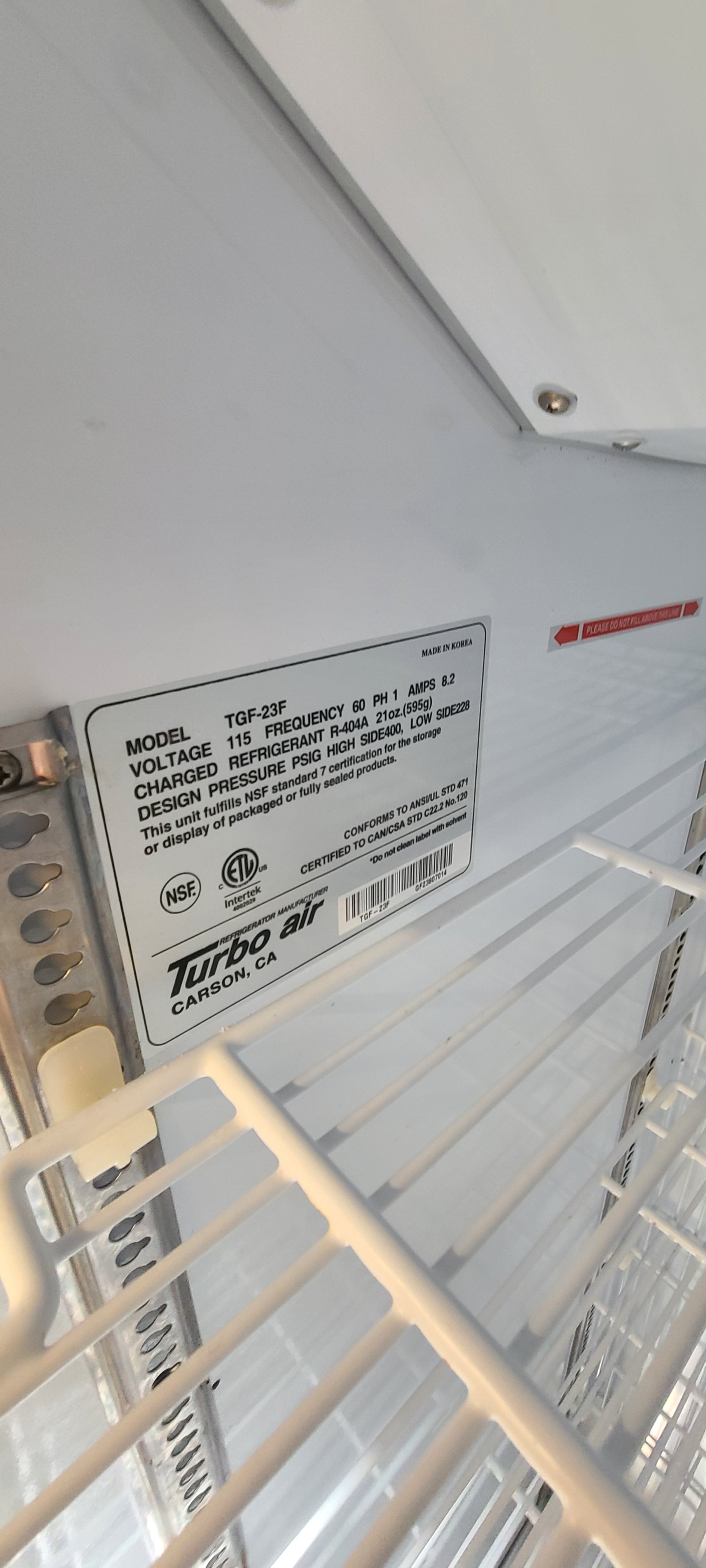 2015 TGF-23F 1 door glass front freezer Turbo Air