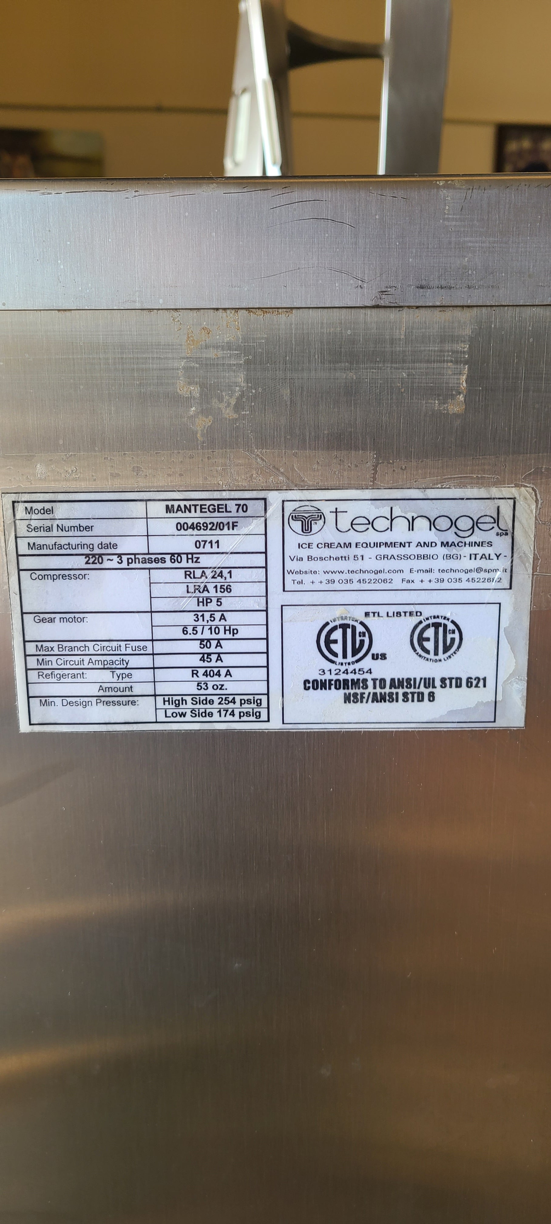 2011 Mantagel 70 Technogel Batch Freezer 3ph water w/ Warranty