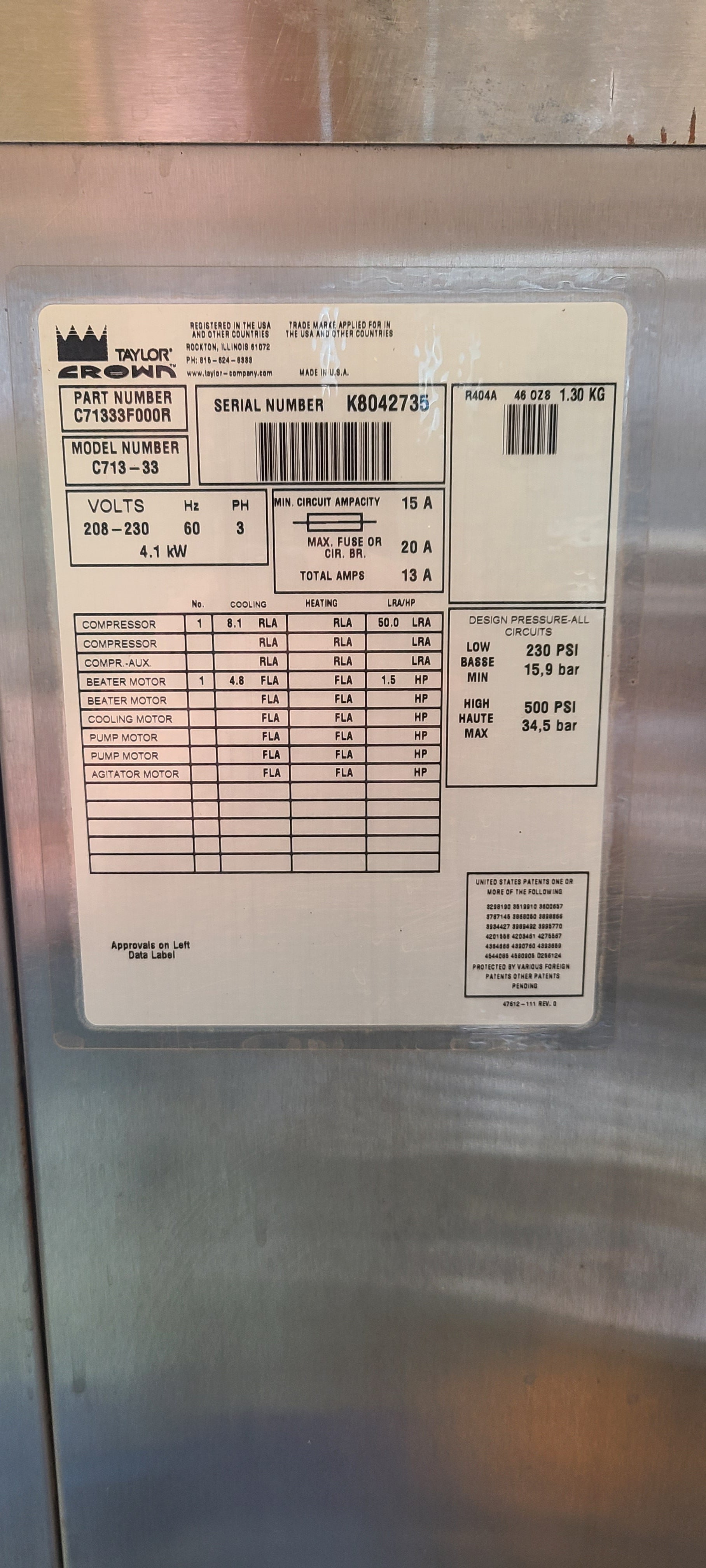 Refurbished 2008 Taylor C713-33 3ph Air w/ Warranty