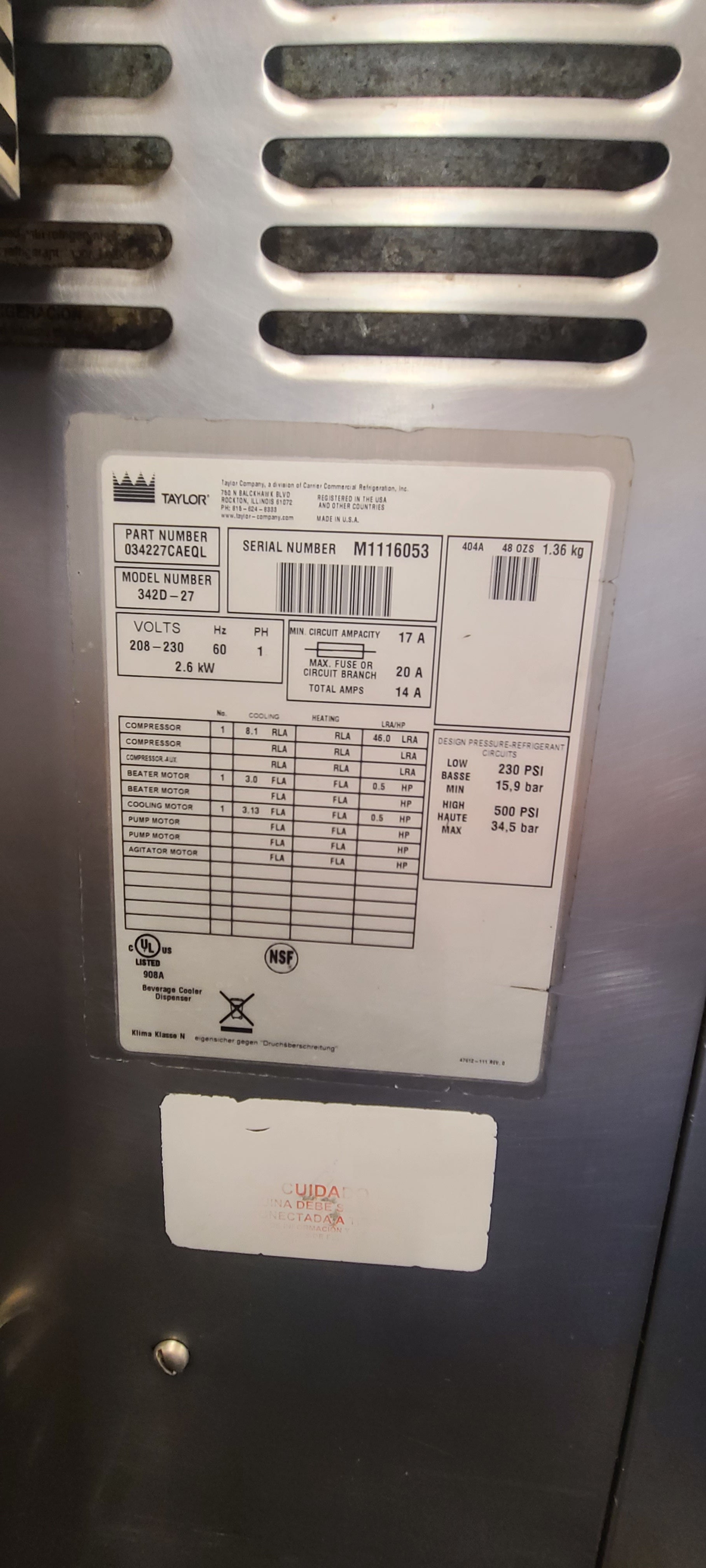 2011 Taylor 342D single phase air cooledmilk shake and frozen beverage machine