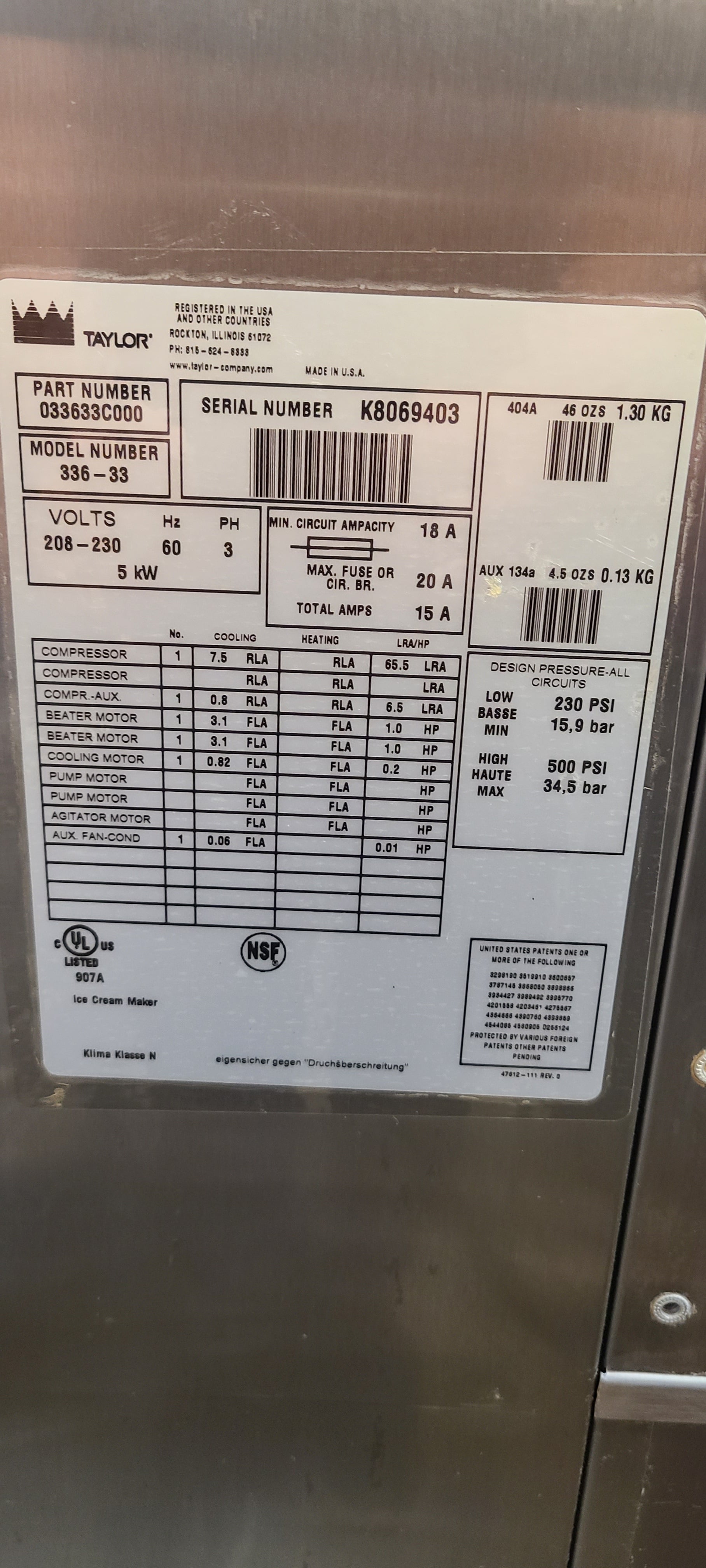 2008 Taylor 336 3 phase air cooled soft serve ice cream machine w/ Warranty