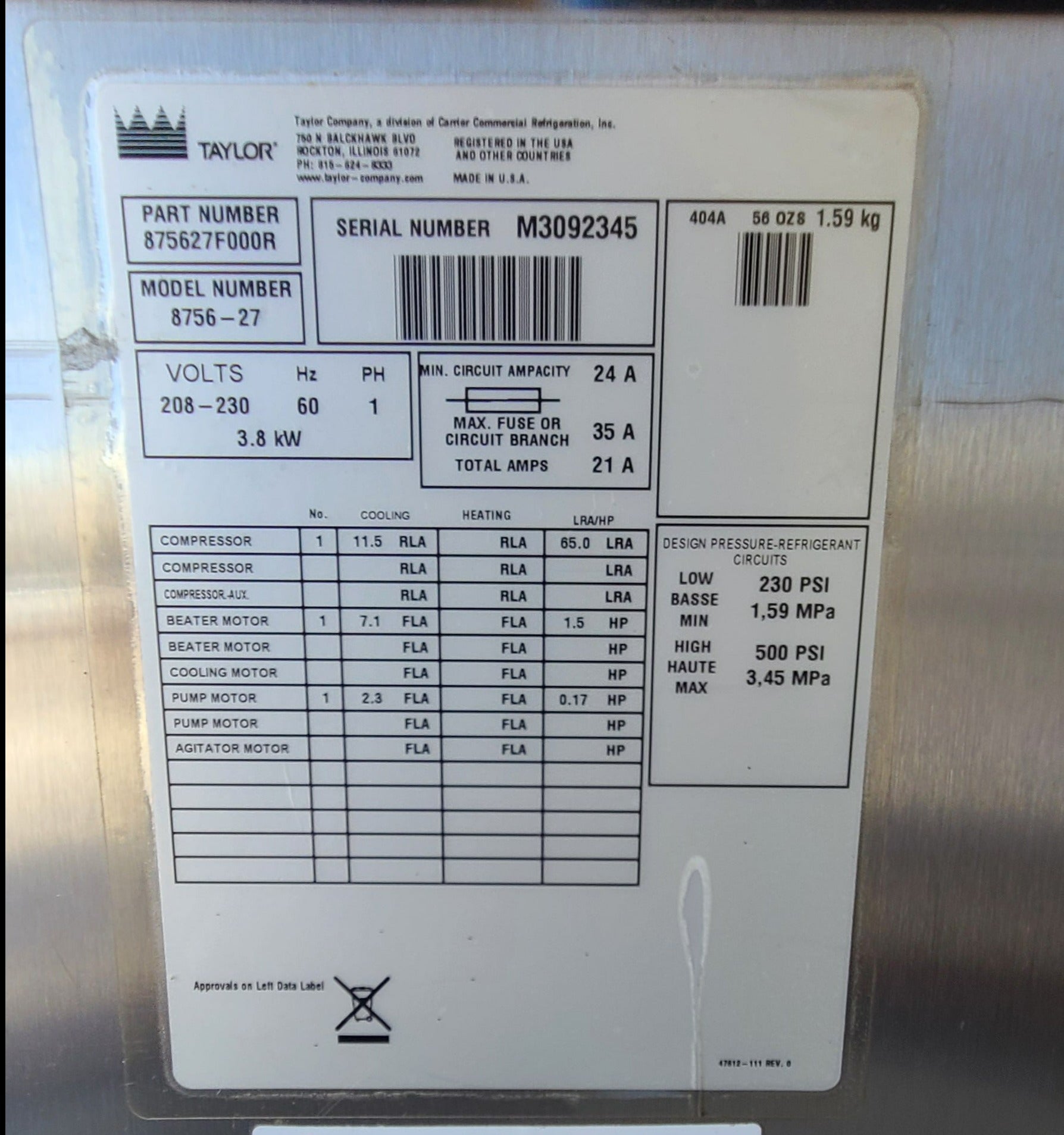 2013 Taylor 8756 1ph Air w/ Warranty