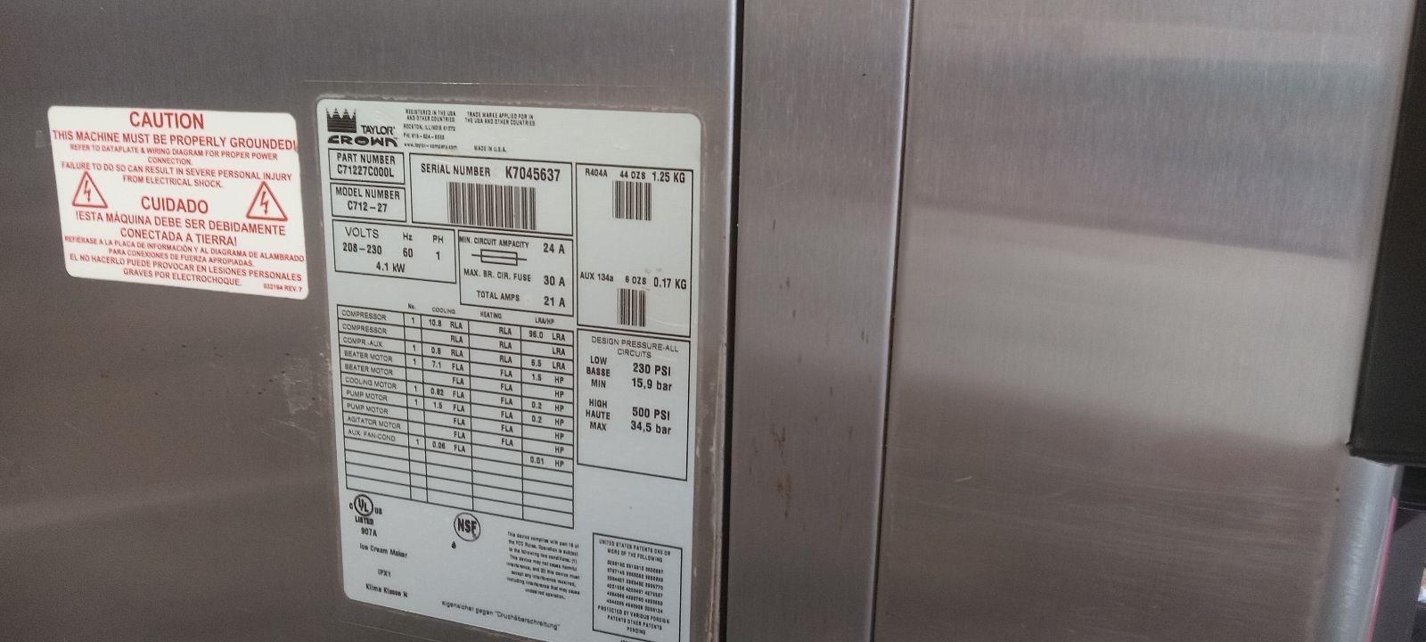 2007 Taylor C712-27 1ph air cooled pump machine