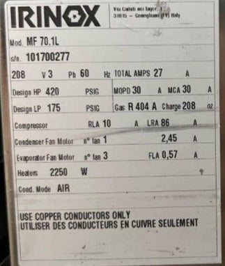2017 Irinox Model MF 70. 1L three-phase air cooled Blast Freezer