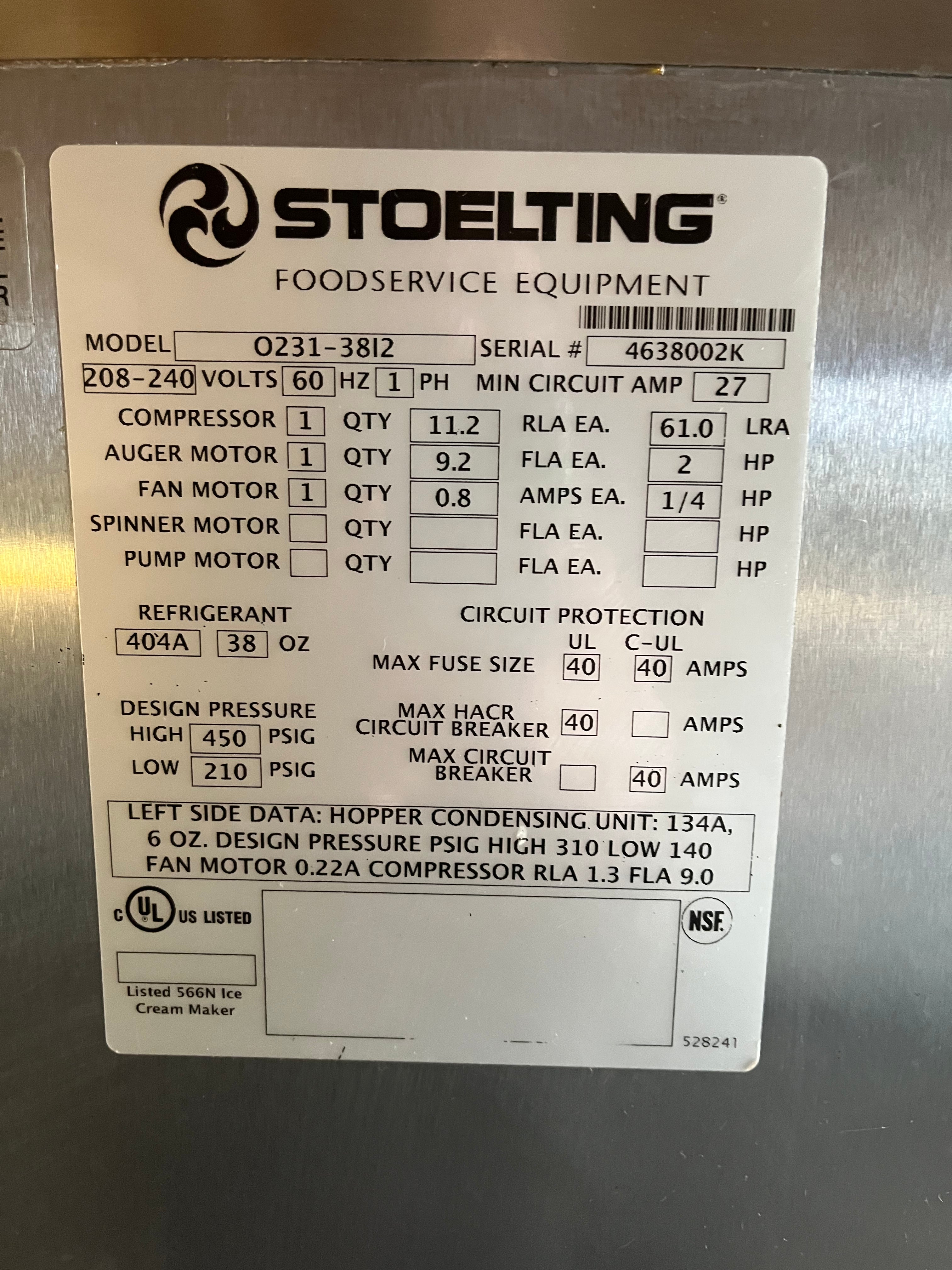 2013 1PH AIR Stoelting O231 High Volume Soft Serve Machine