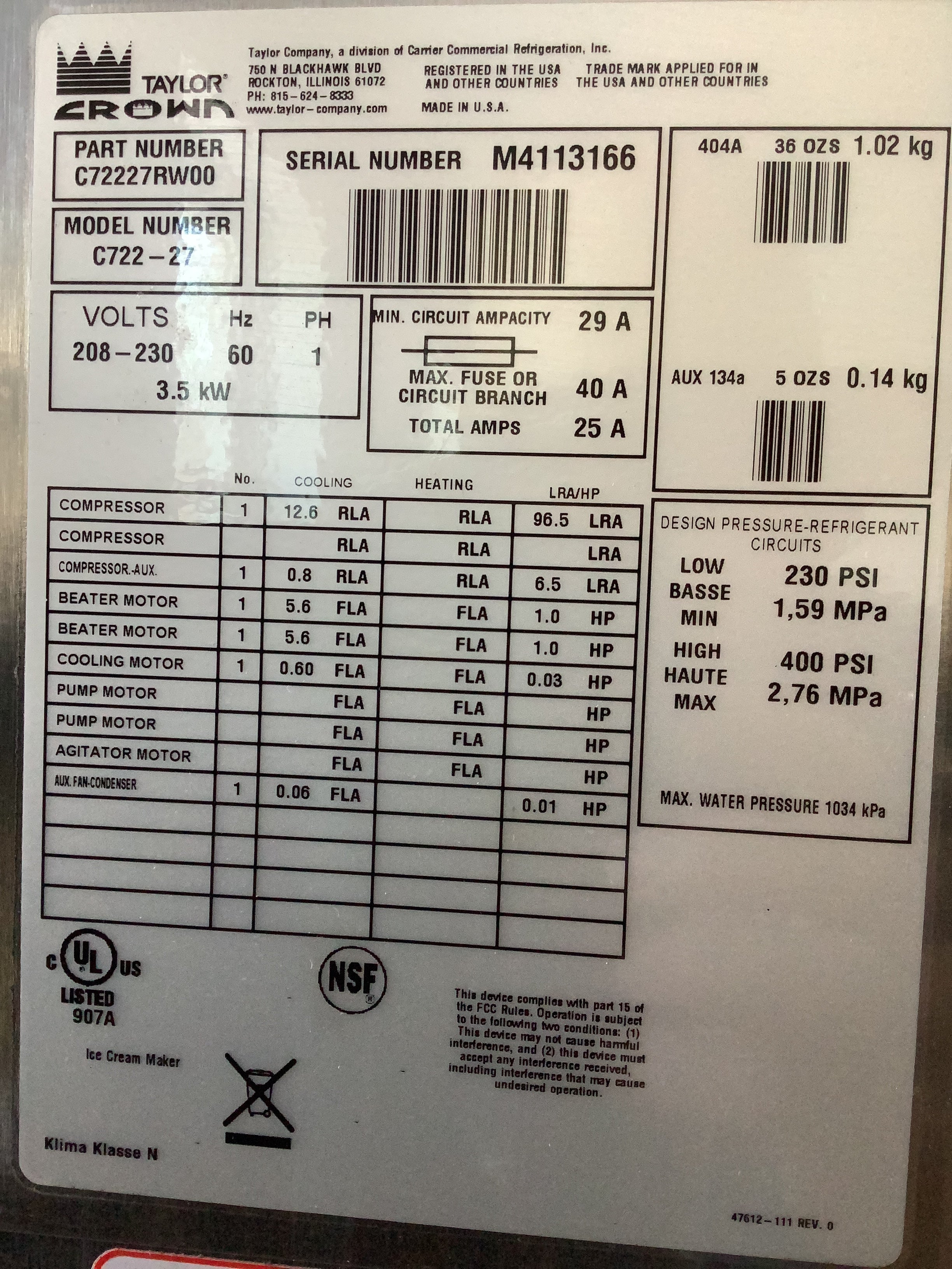 Taylor C722 Air Pump 1Ph Water Cooled w/ Warranty