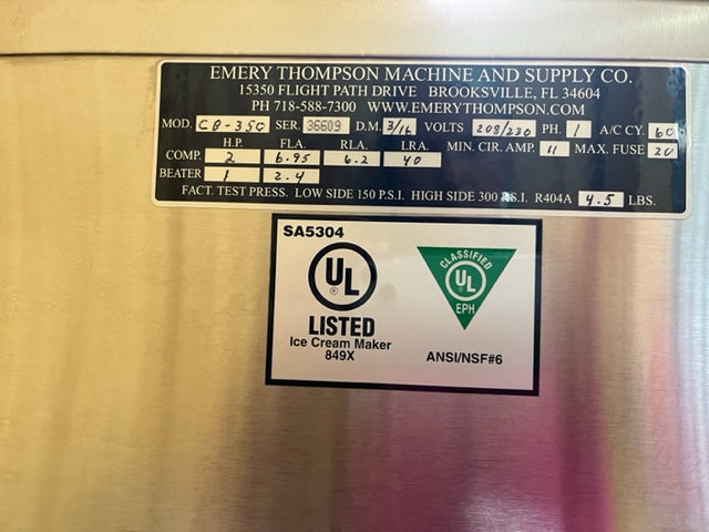 2016 Emery Thompson CB350 6 quart batch freezer