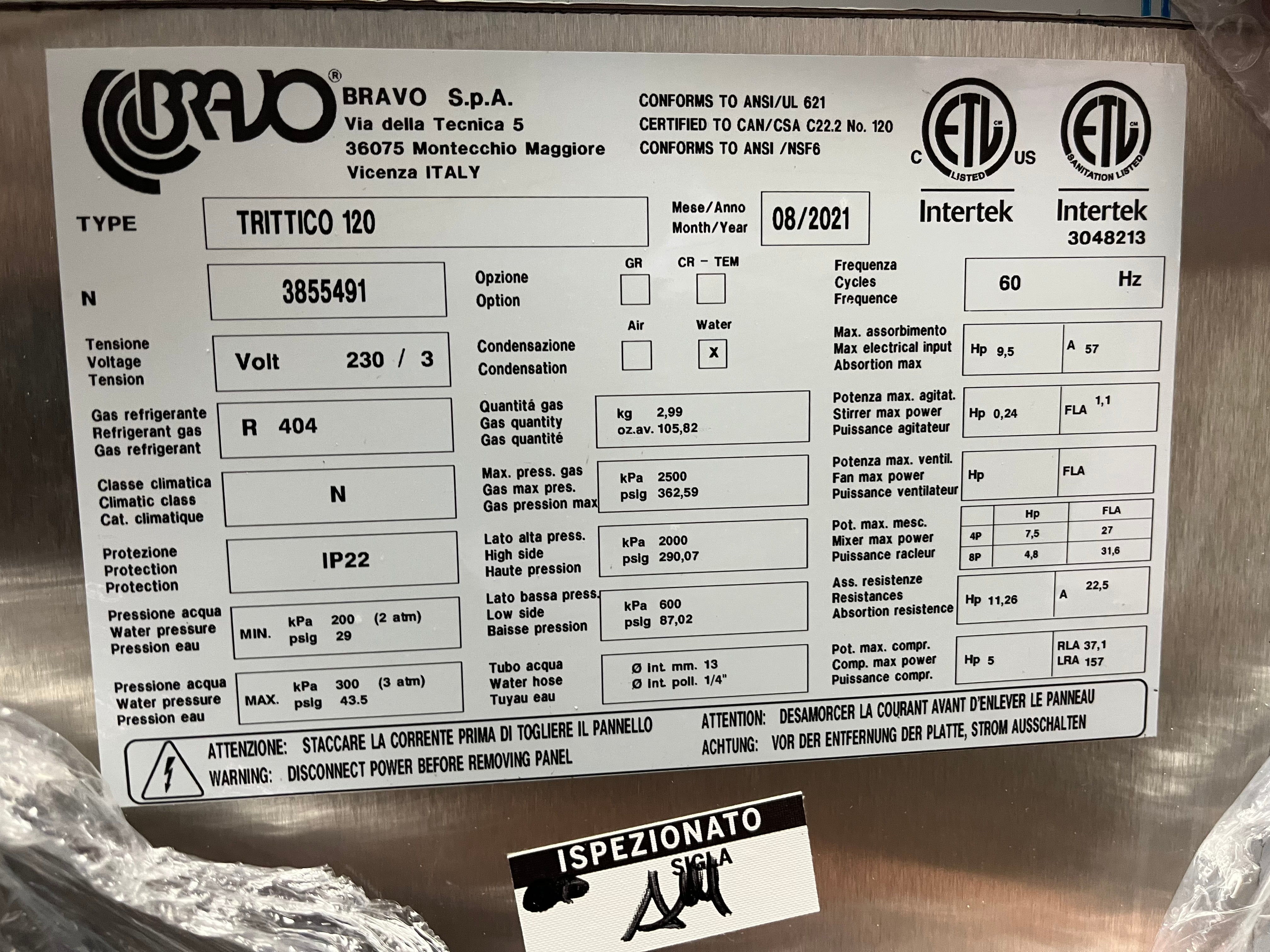 2021 Never Used Bravo Trittico 120 3ph water cooled