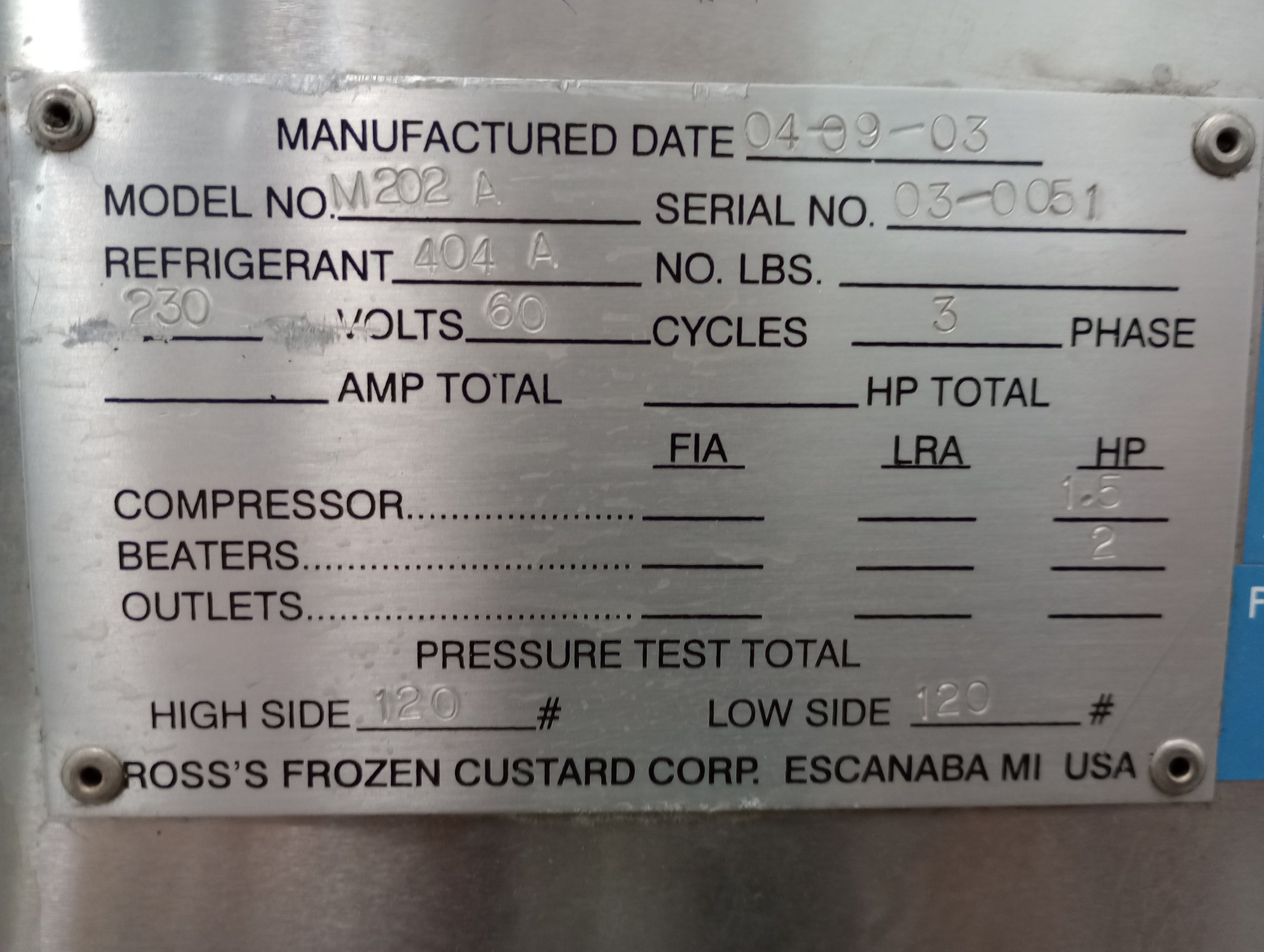 ROSS M202-A 3ph Water Cooled 2 Barrel Custard Batch Freezer w/ Warranty