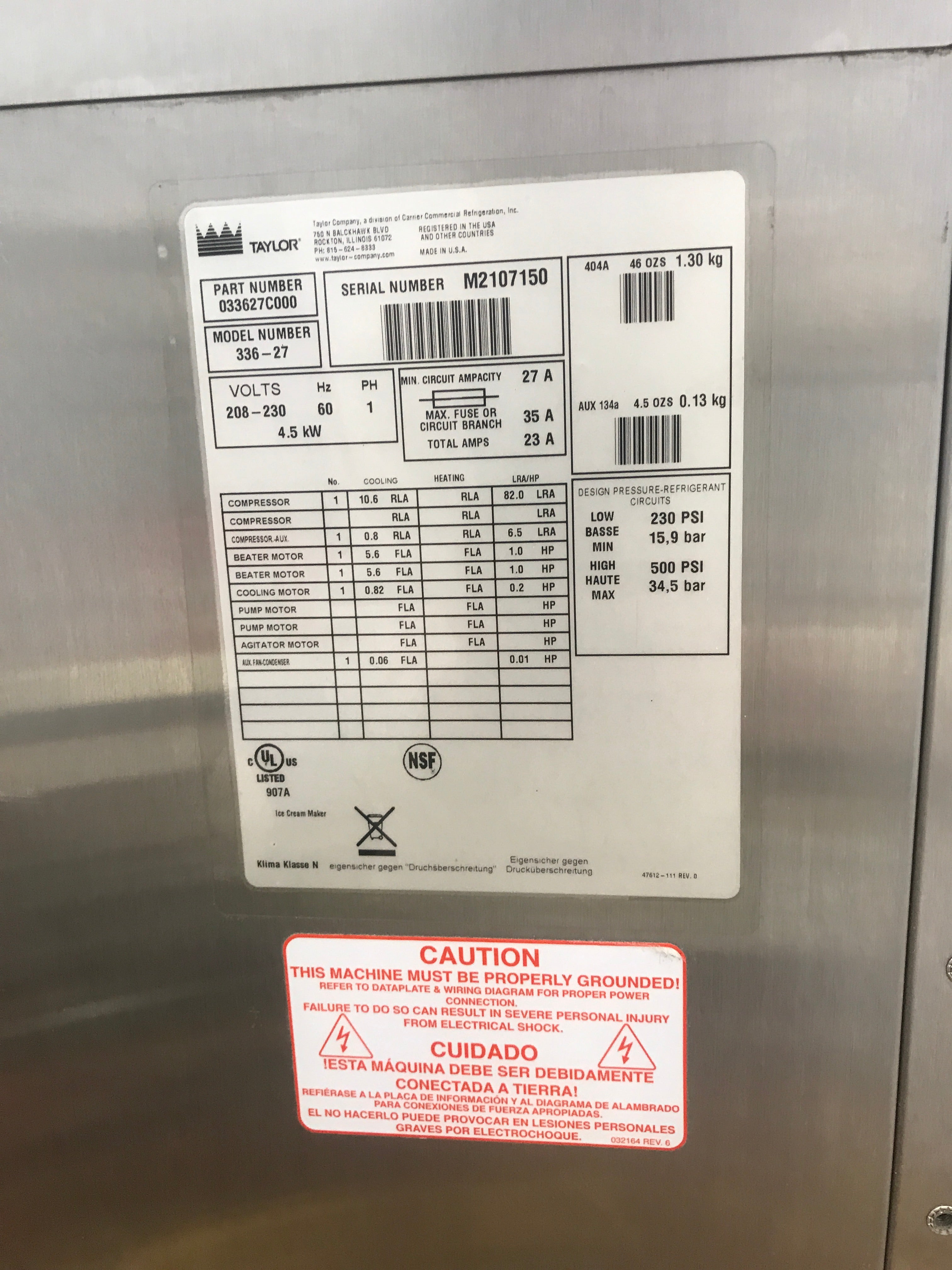 2012 Taylor 336-27 1ph Air Cooled Soft Serve Machine