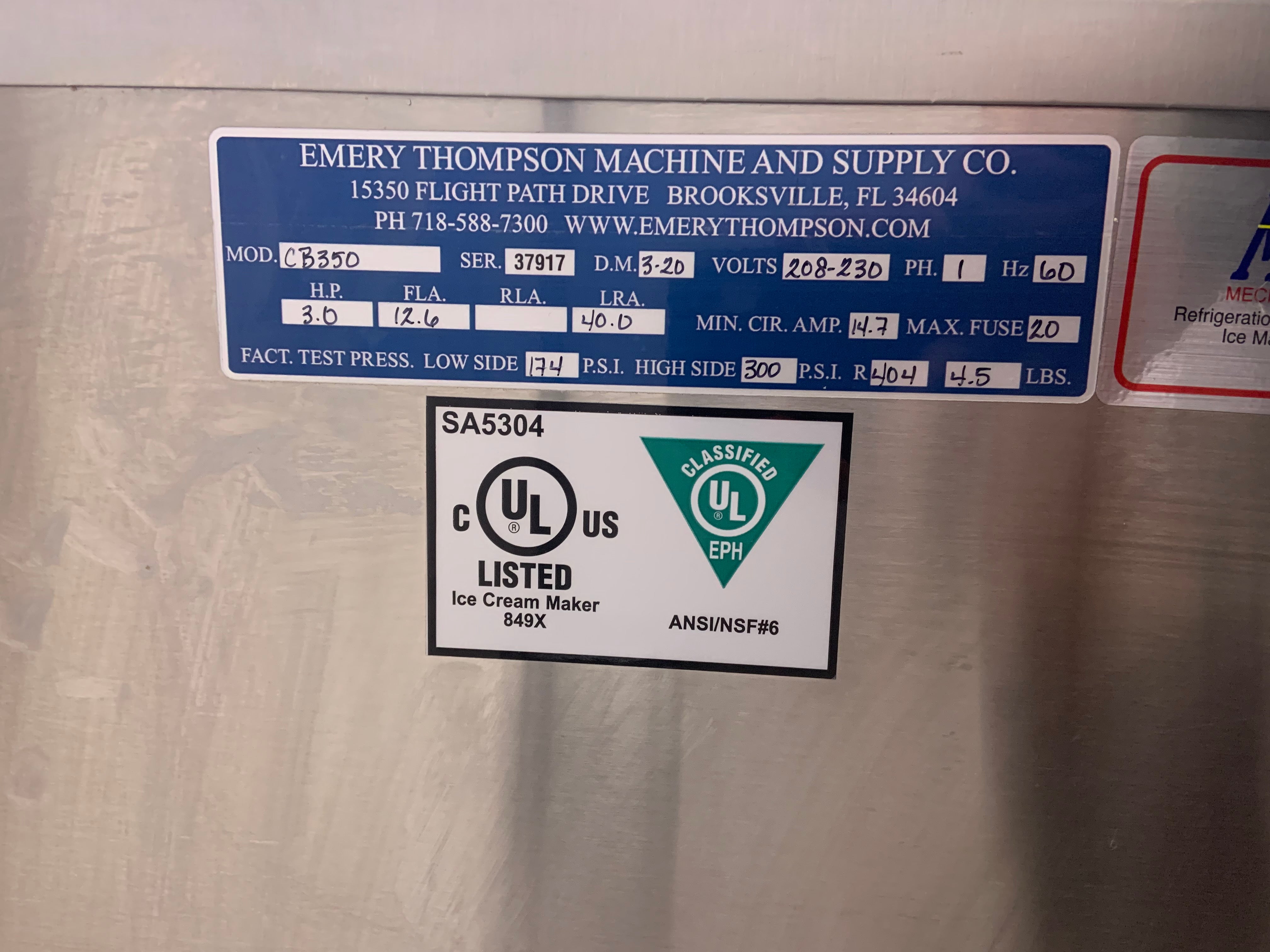 2020 Emery Thompson CB350 Batch Freezer
