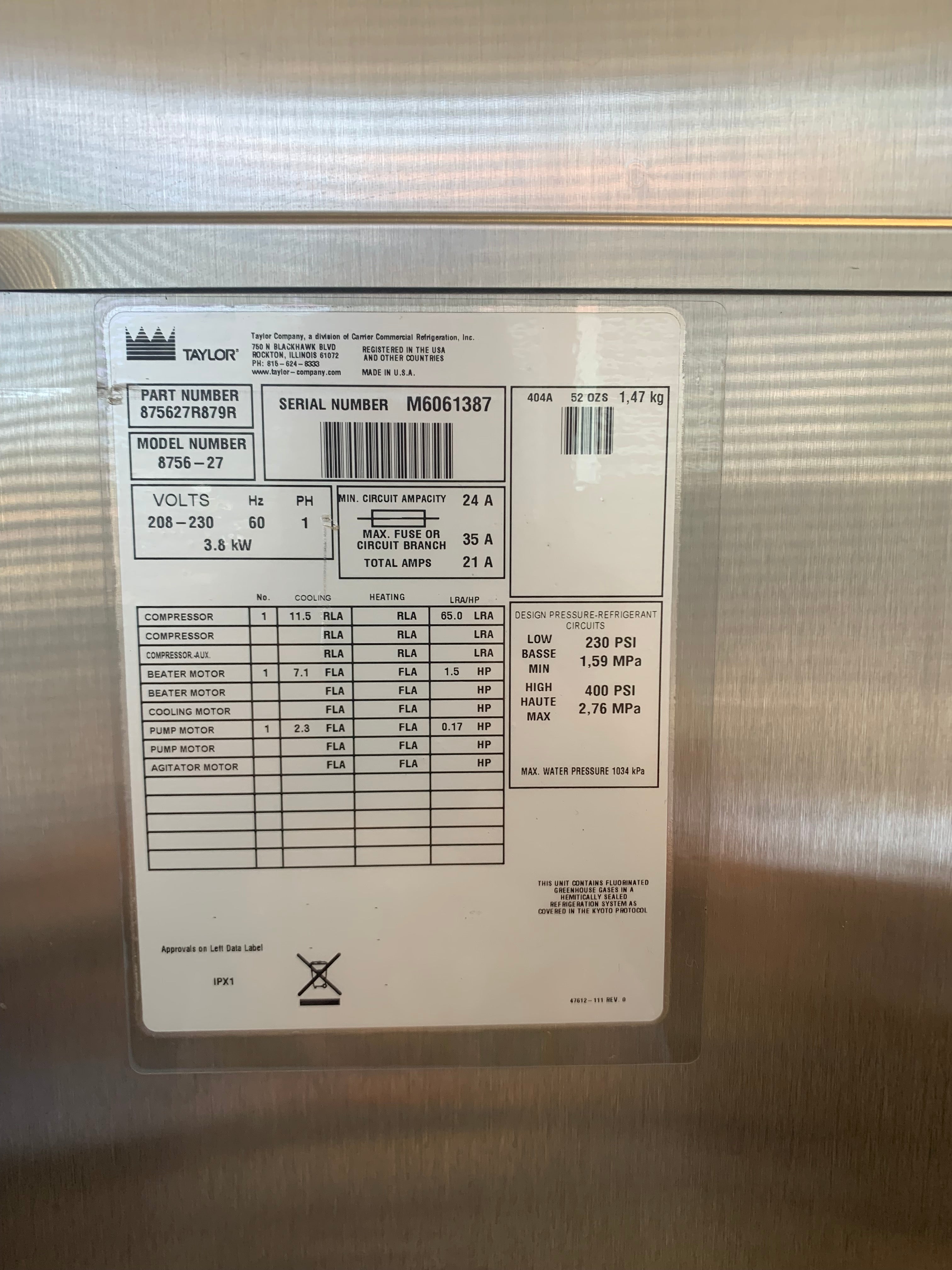 2016 Taylor 8756-27 1PH Water Cooled