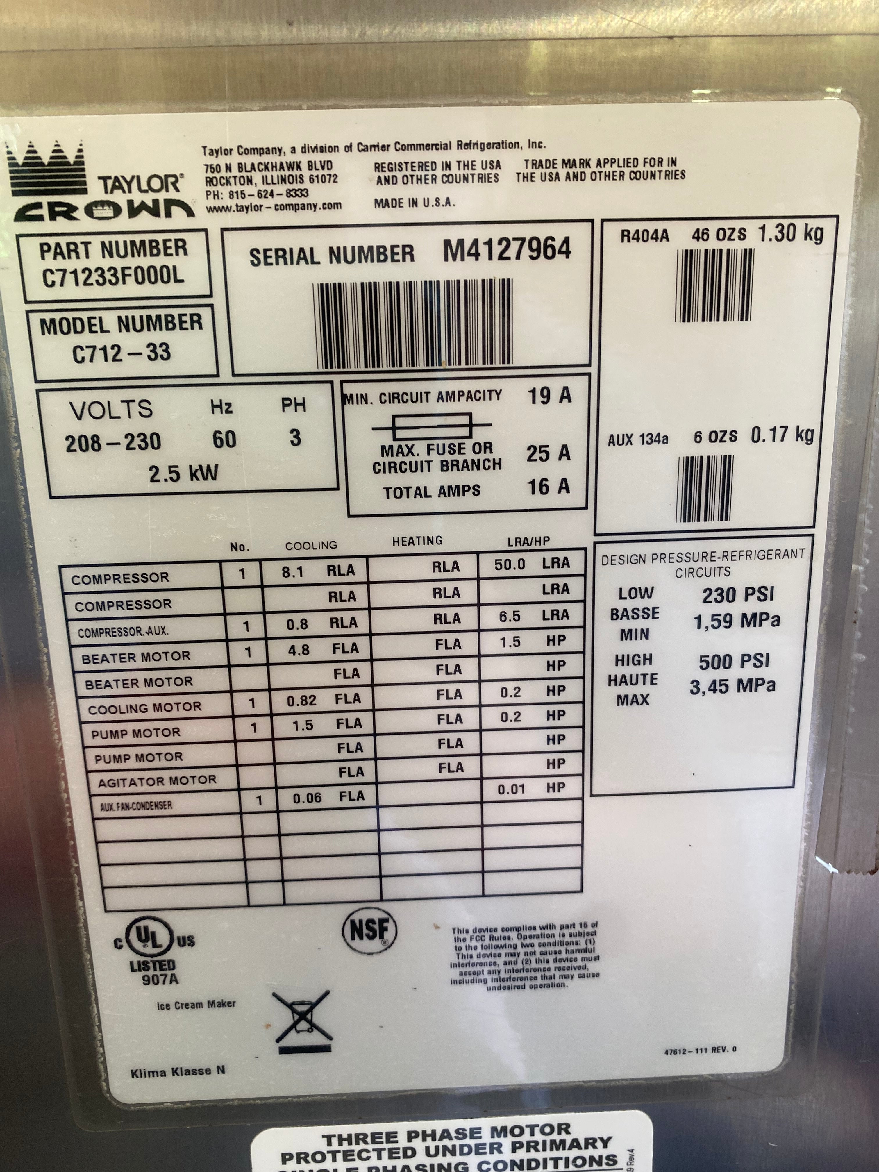 2014 Taylor C712 3ph Air Cooled w/ Warranty