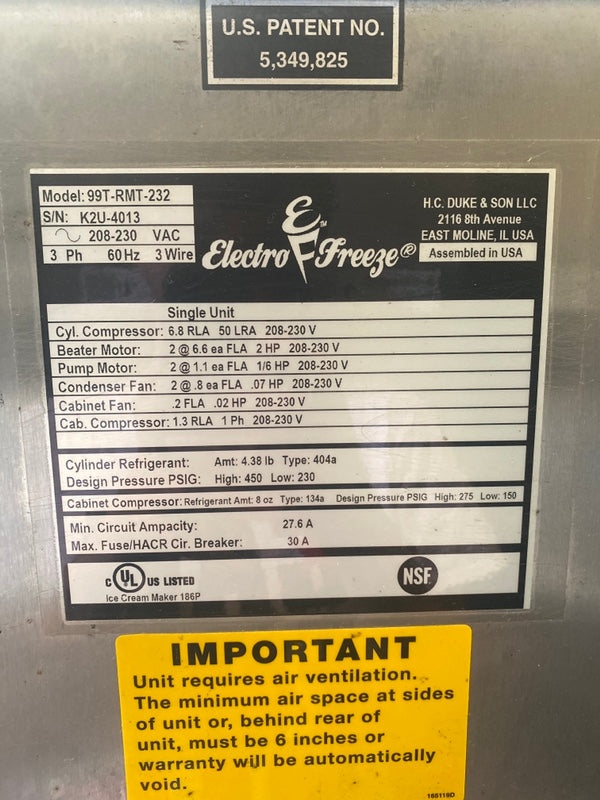 2015 Electrofreeze 99T-RMT 3ph Air Cooled