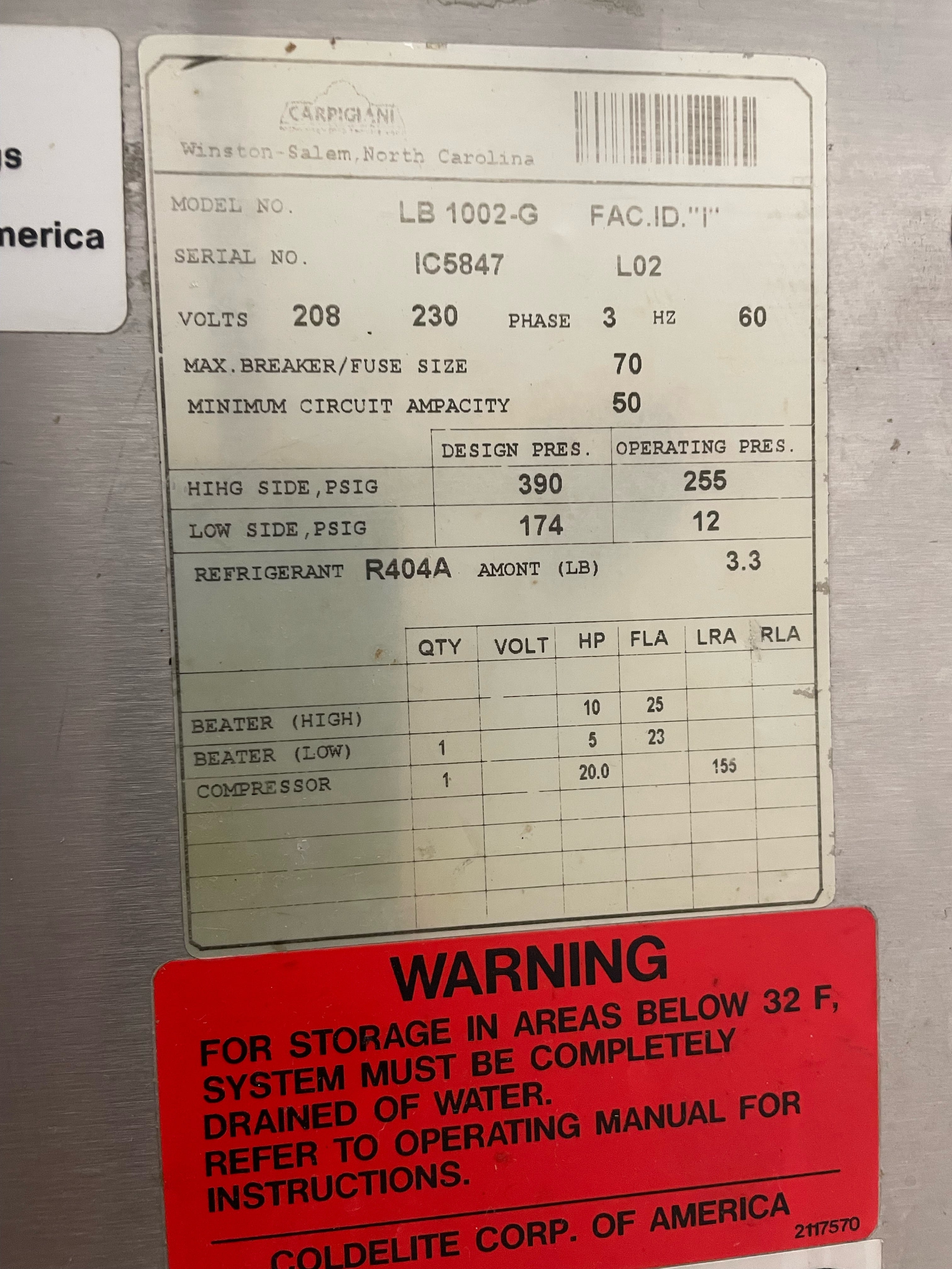 Carpigiani LB1002 3ph water cooled ~40qt batch freezer