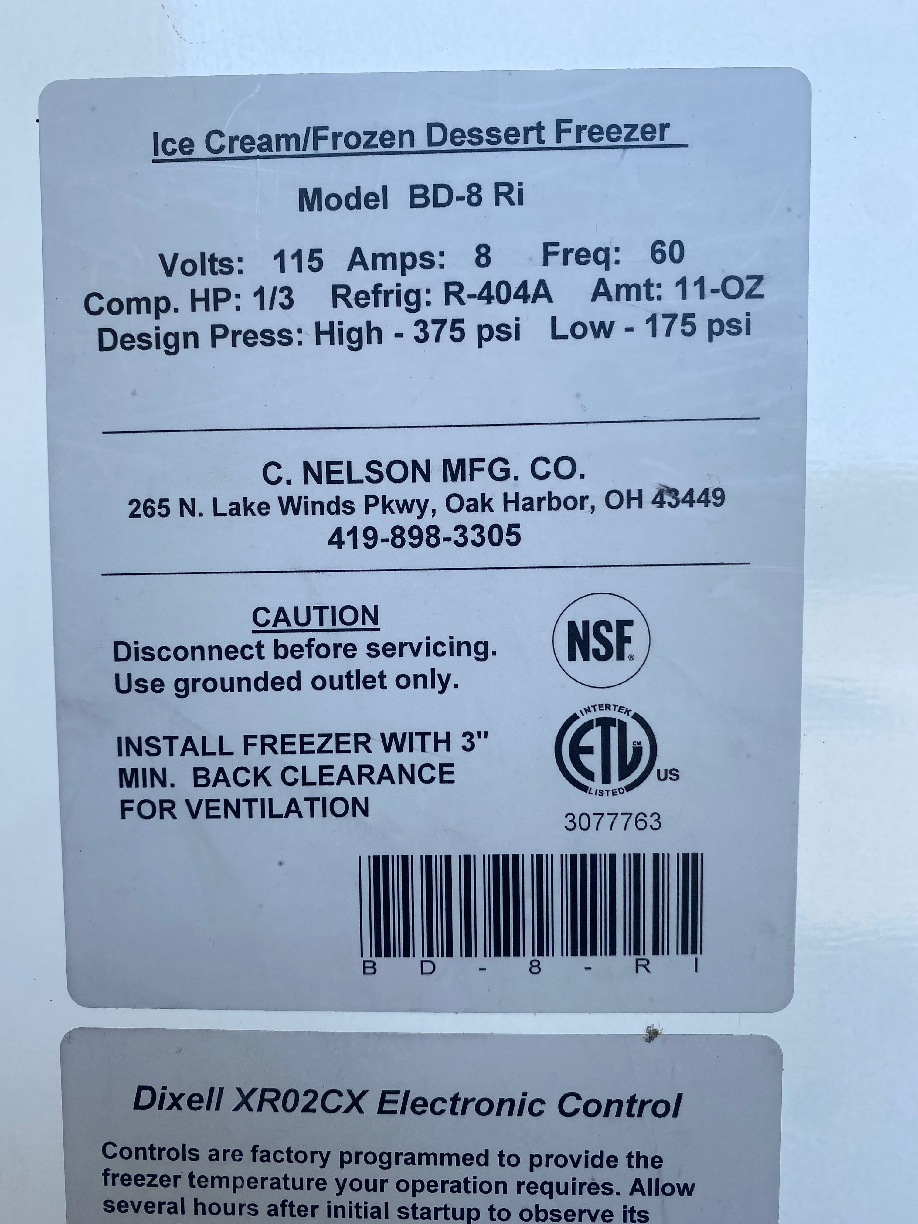 Used Nelson BD-8 Ice Cream Dessert Freezer