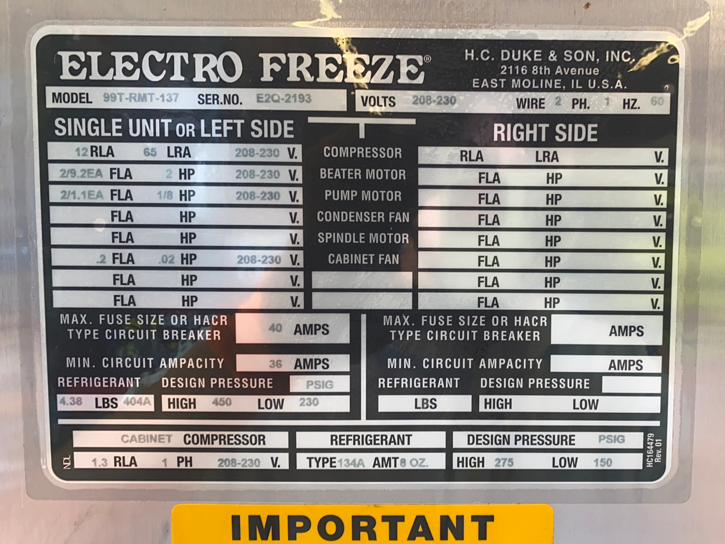 2011 99T-RMT Electrofreeze 1Ph Water Pressurized Botton Fed w/ Warranty
