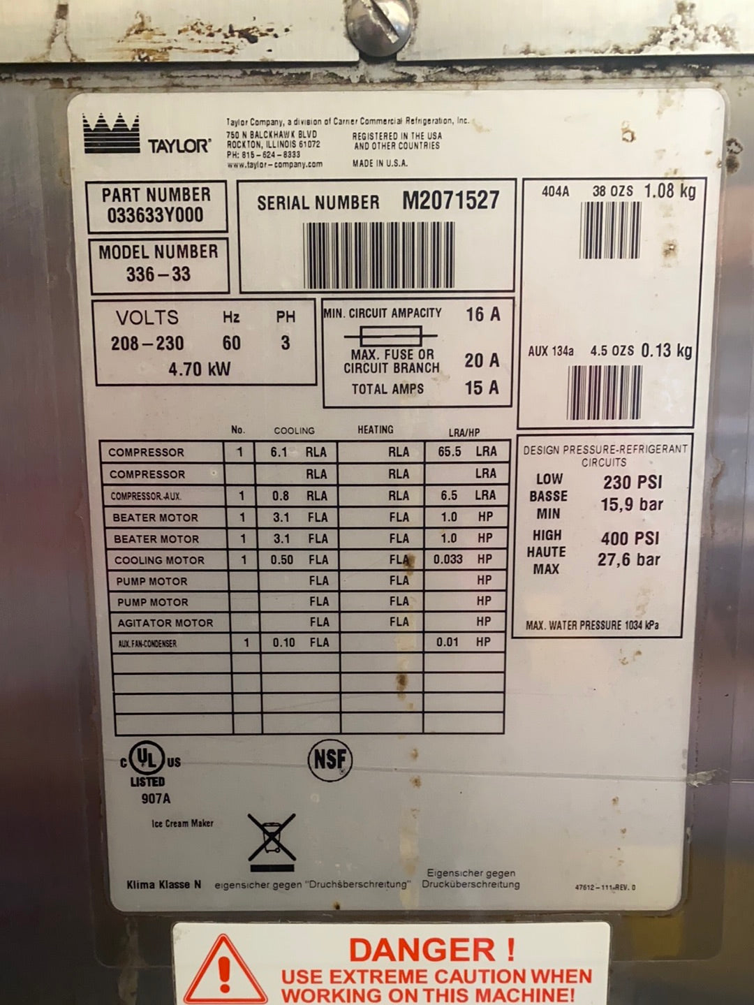 2012 Taylor 336 3PH Water Cooled