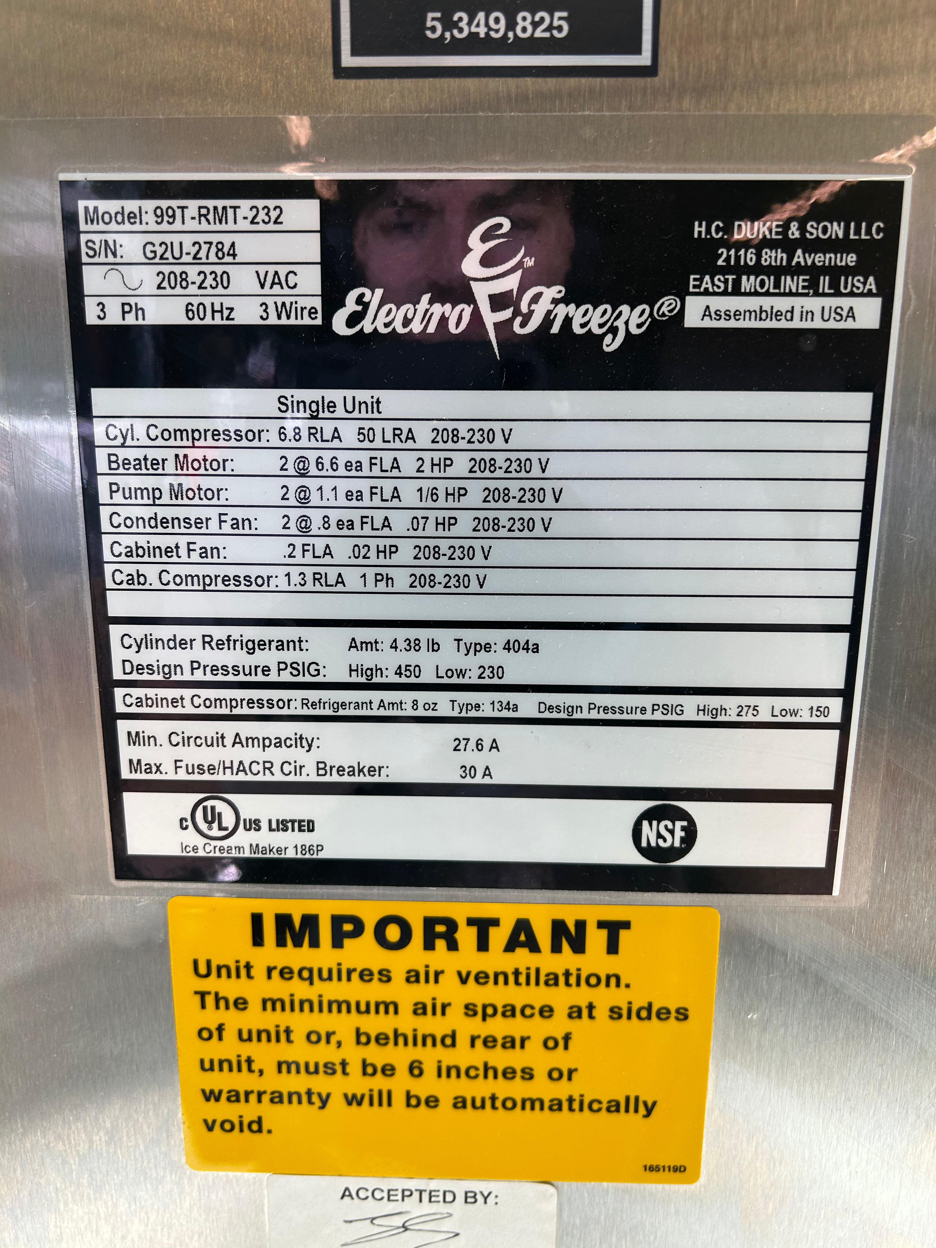2015 Electrofreeze 99T-RMT 3Ph Air