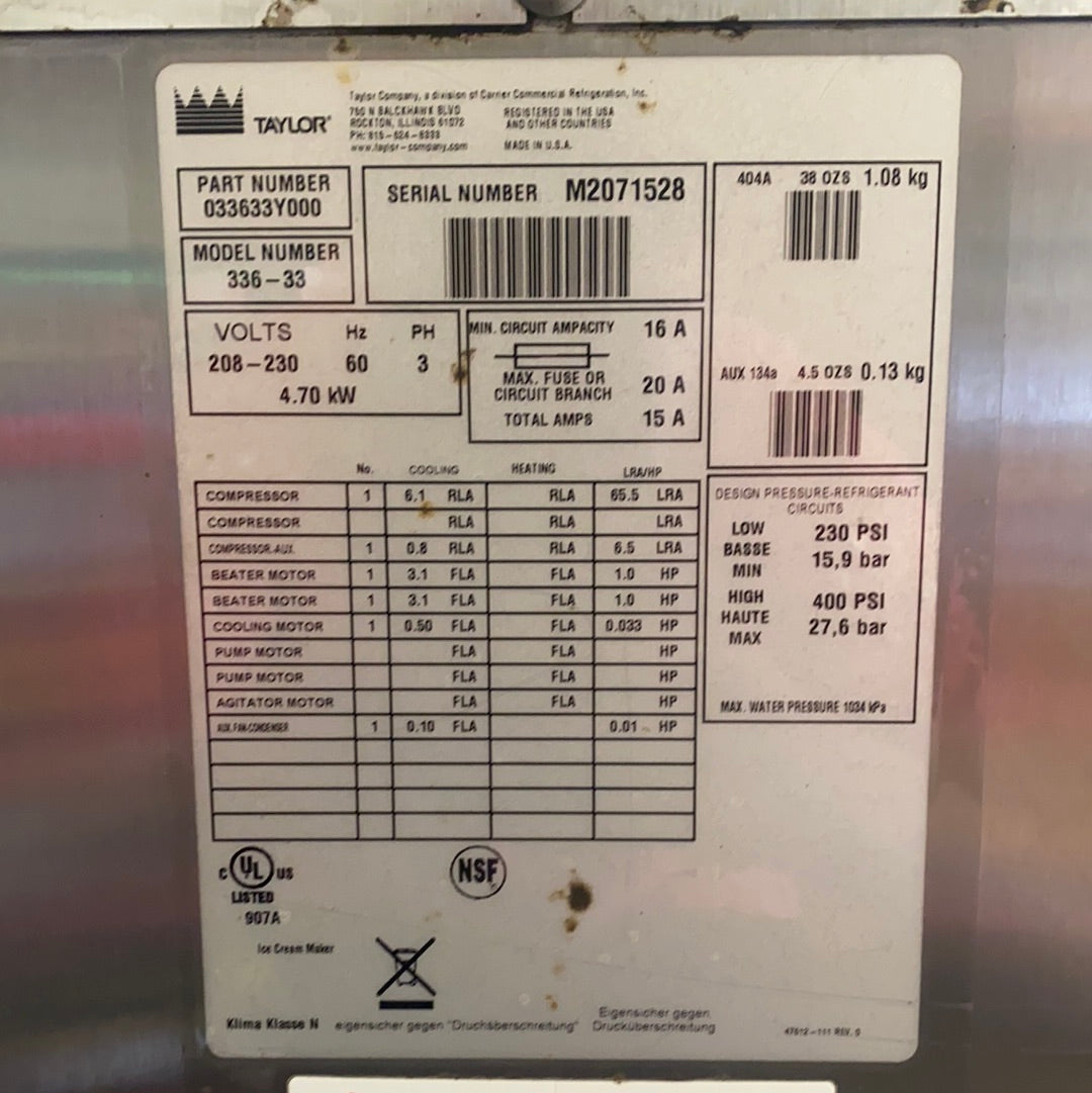 2012 Taylor 336 3PH Water Cooled