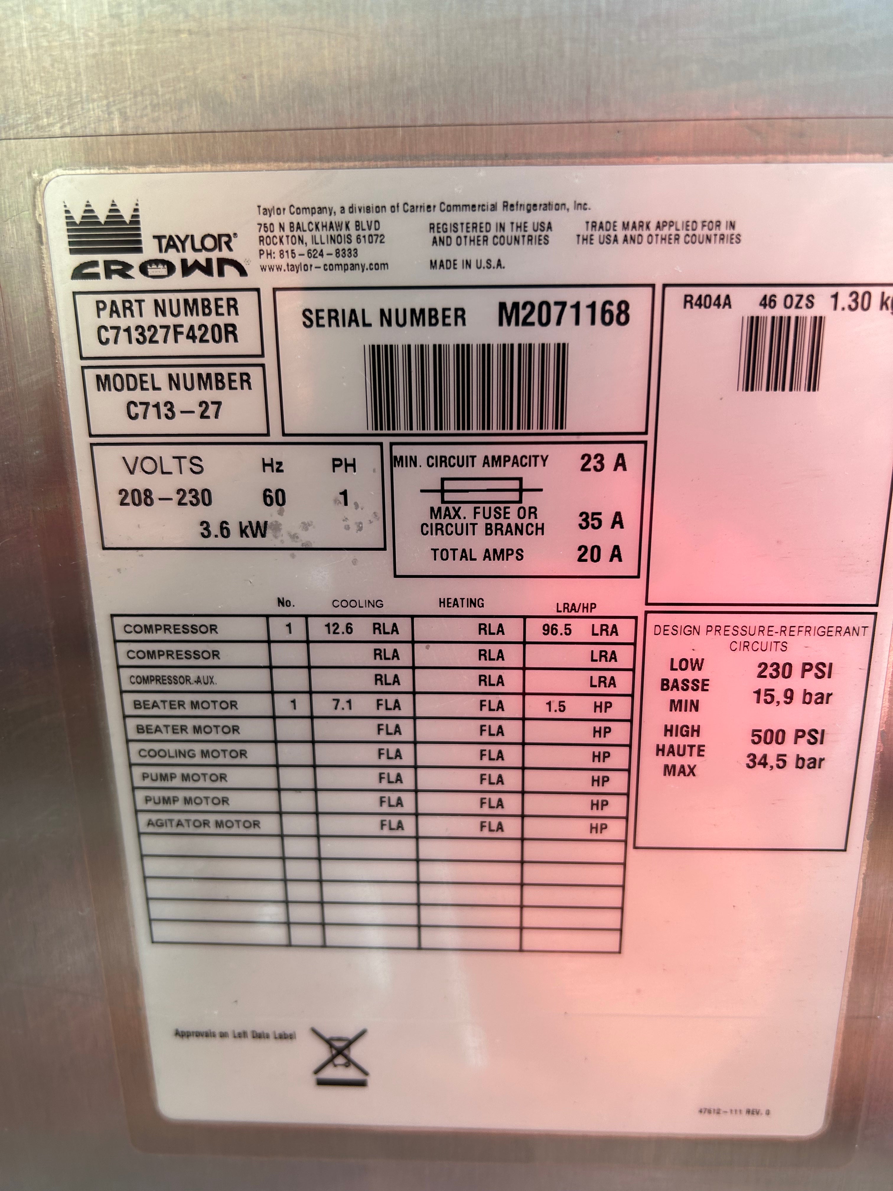 2012 Taylor C713 1PH Air w extended warranty