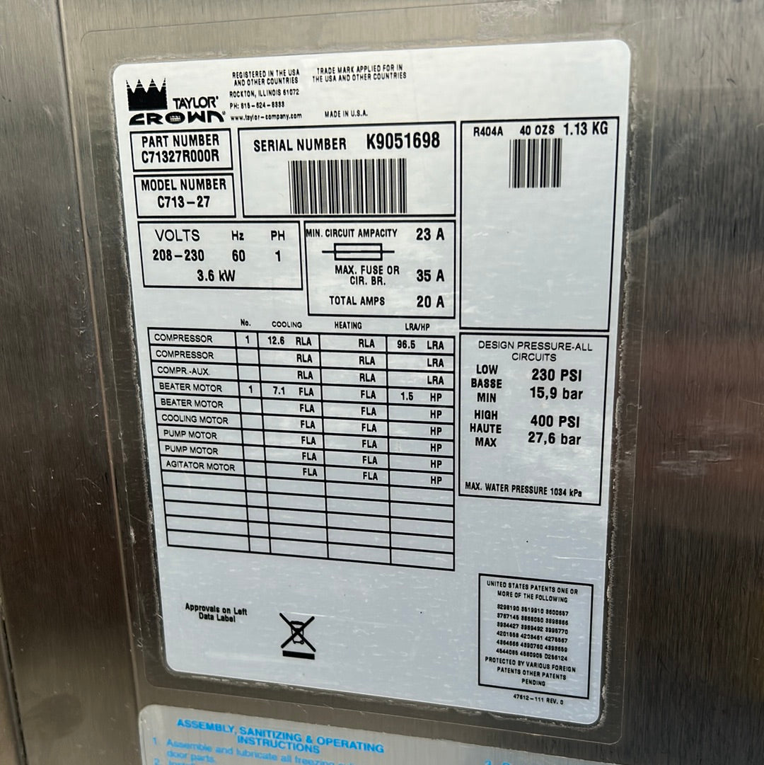 2009 Taylor c713 1ph Water w/ Warranty