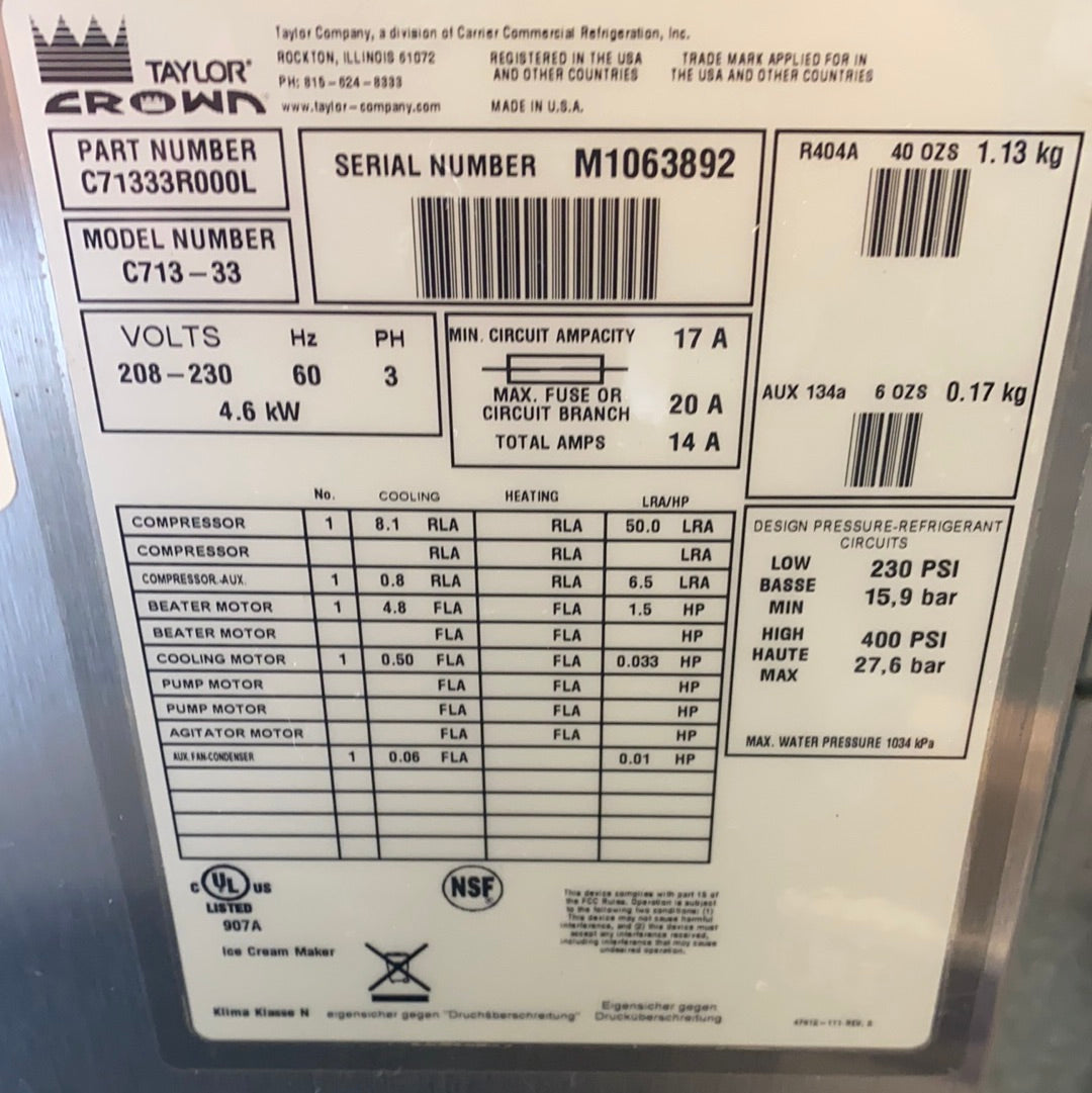 Taylor C713 3PH Water Cooled