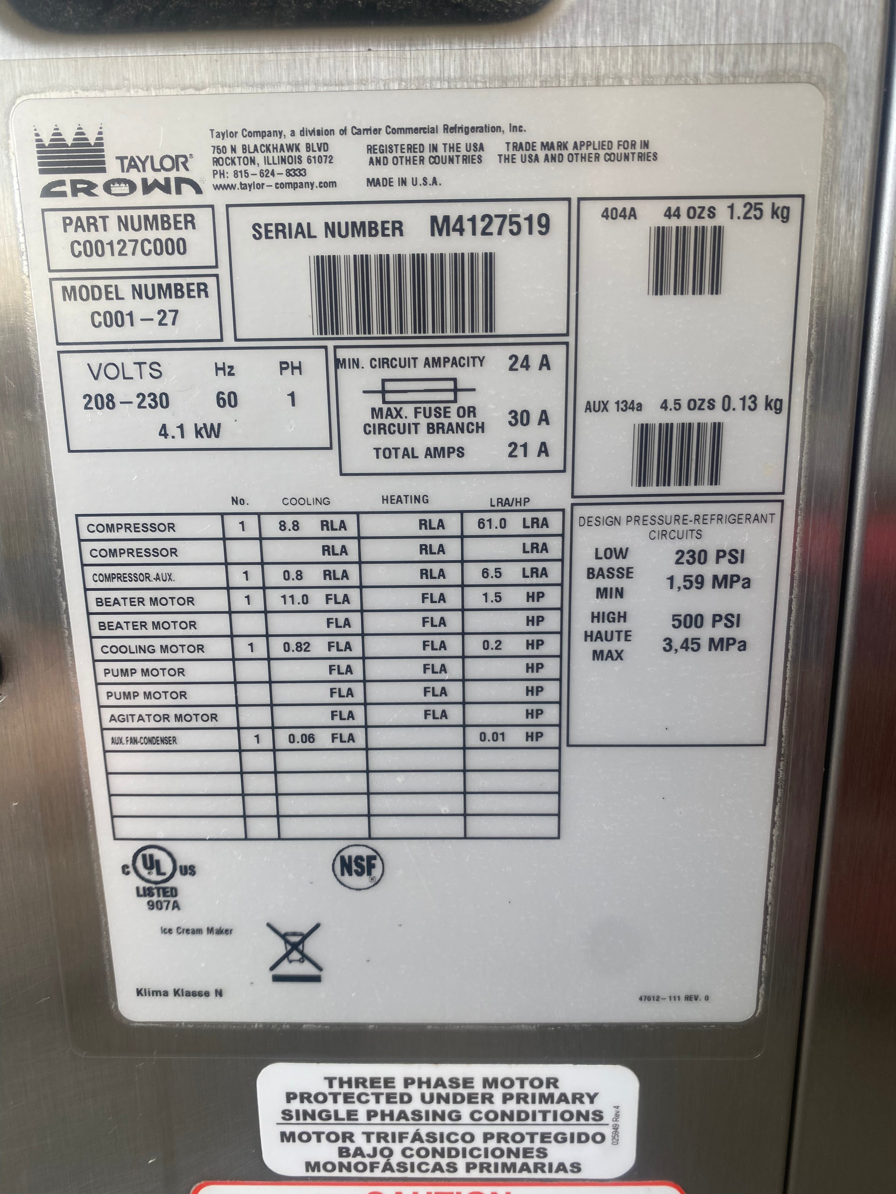 2014 Taylor C001 1ph air Continuous Custard or Ice Cream Batch Freezer