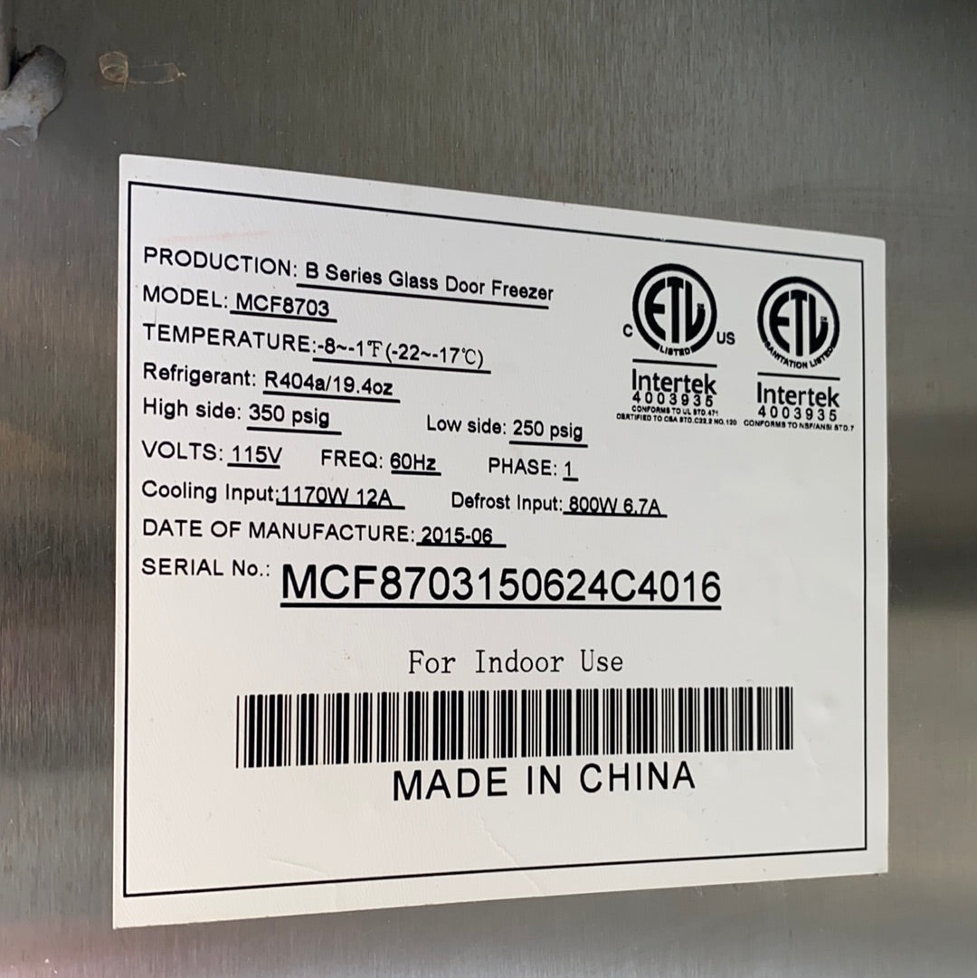 2015 Glass Front 2 Door Freezer MCF87