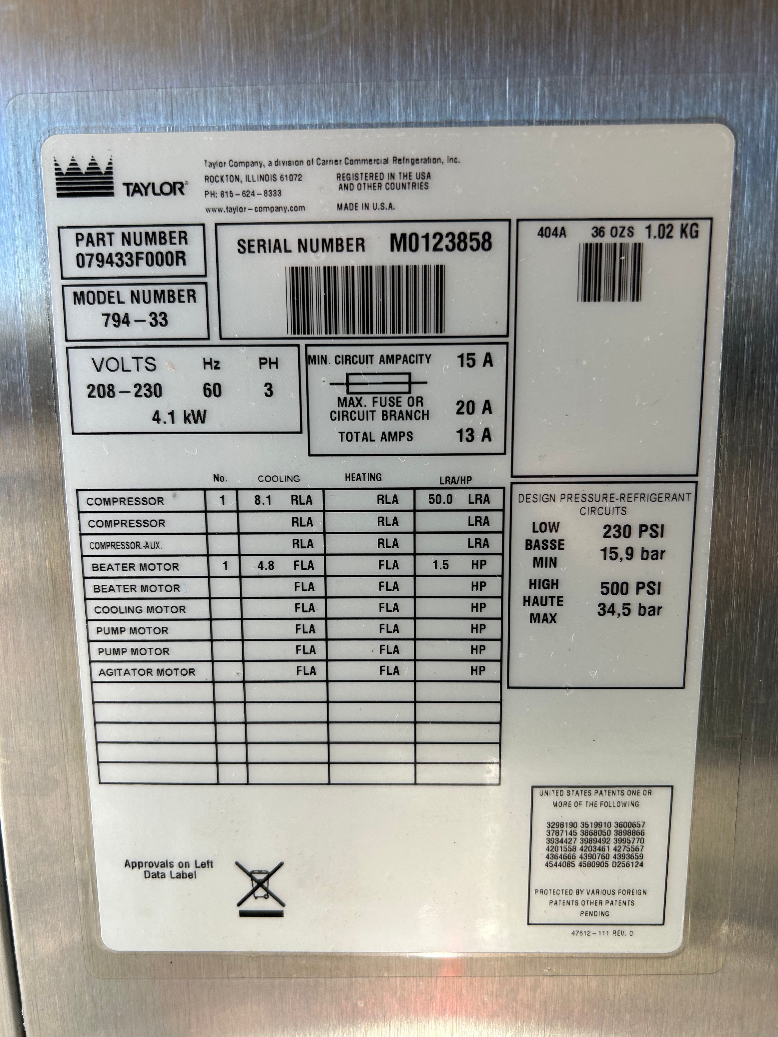 2010 Taylor 794-33 3ph Air soft serve ice cream machine