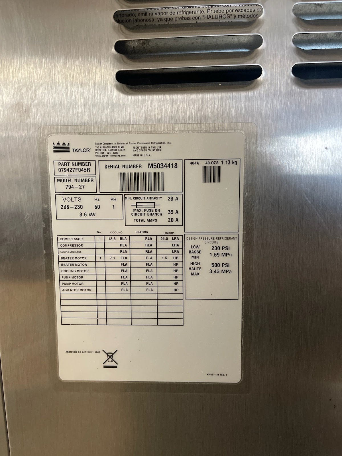 2015 Taylor 794 1 phase air cooled with Flavorburst w/ Warranty
