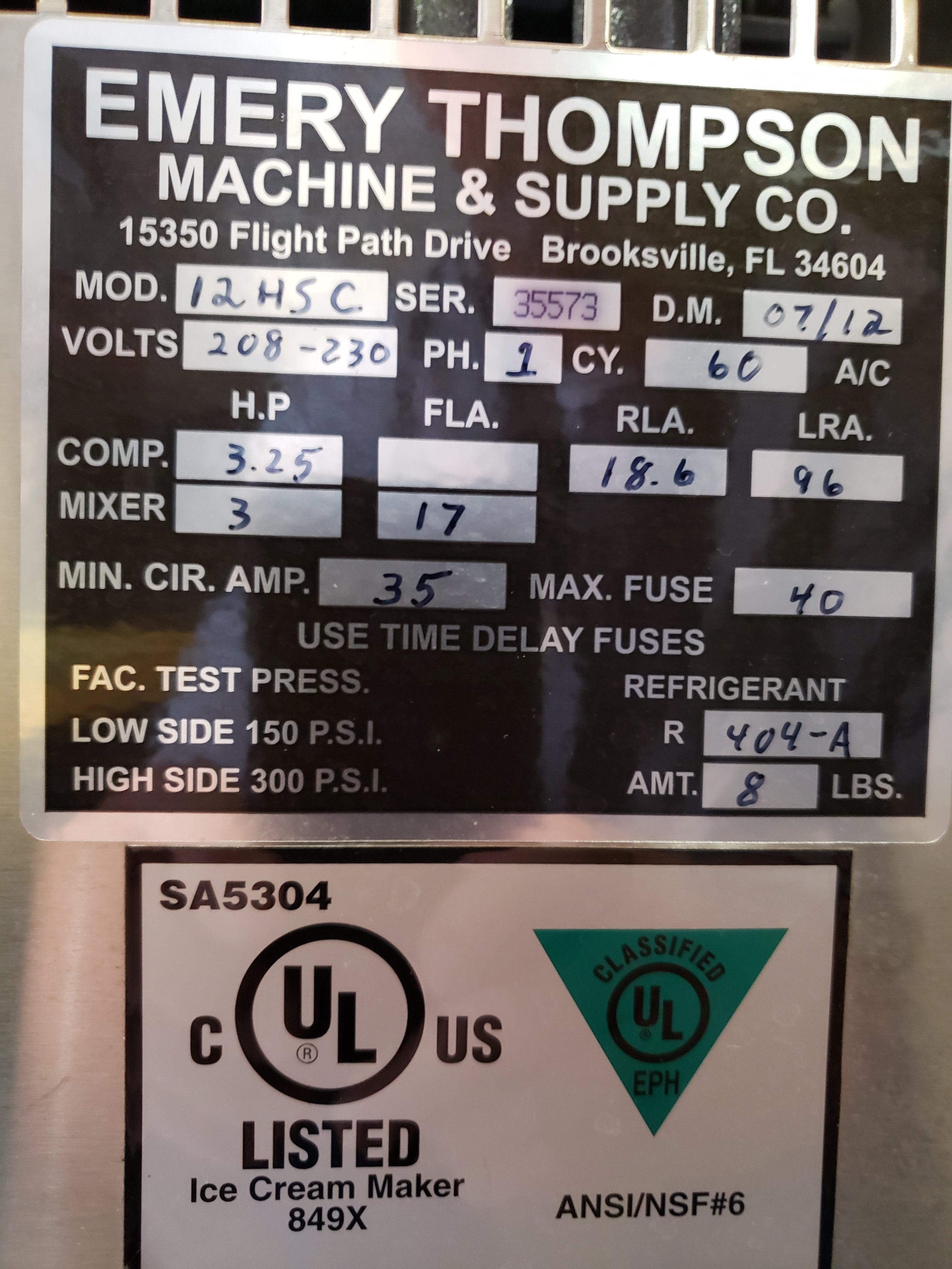 Used 12 quart Emery Thompson 12HSC 1 Phase Water Cooled Batch Freezer - Batch Freezers - TurnKeyParlor.com