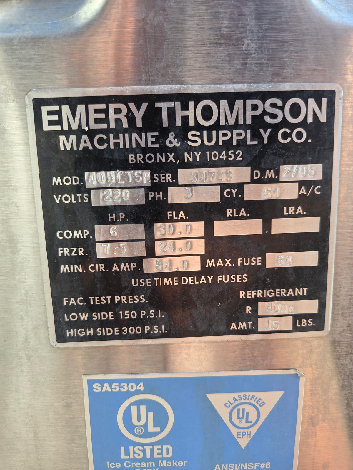 2005 Emery Thompson 40BLTSP – Water Cooled – 3-Phase (220V) –