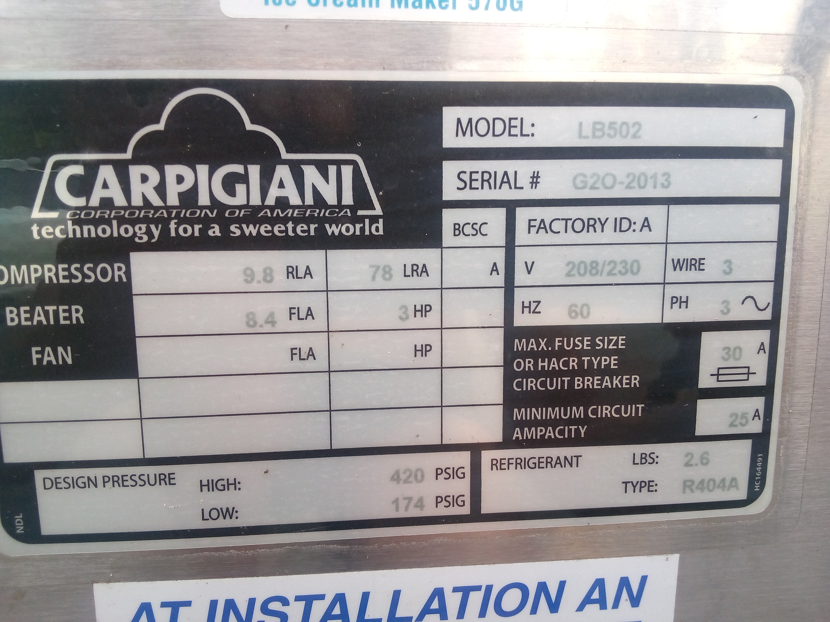 2009 Carpigiani LB502 3ph water (check or wire payment only shipping extra)