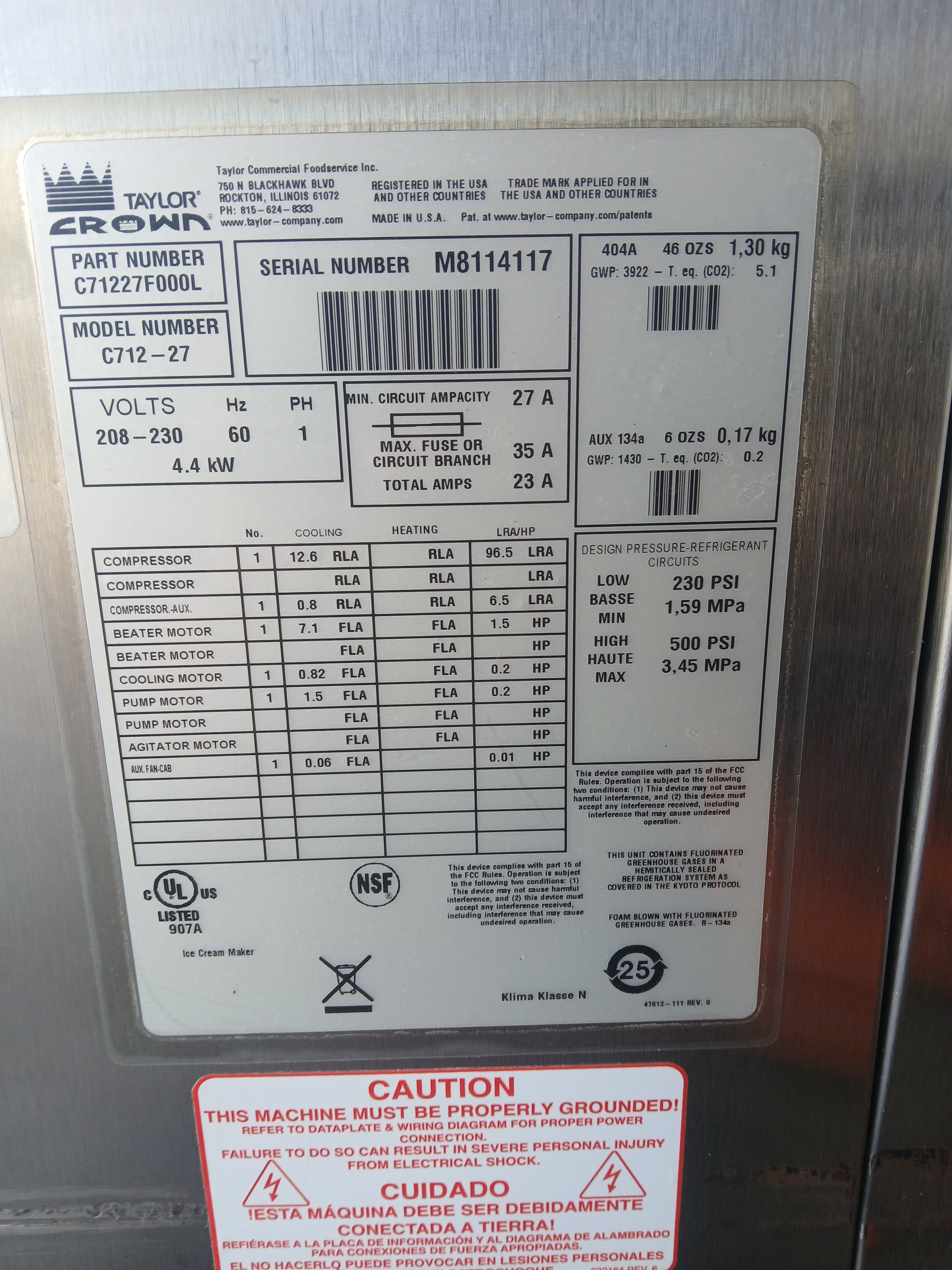 2018 Taylor C712-27 Single Phase Air Turnkey Certified