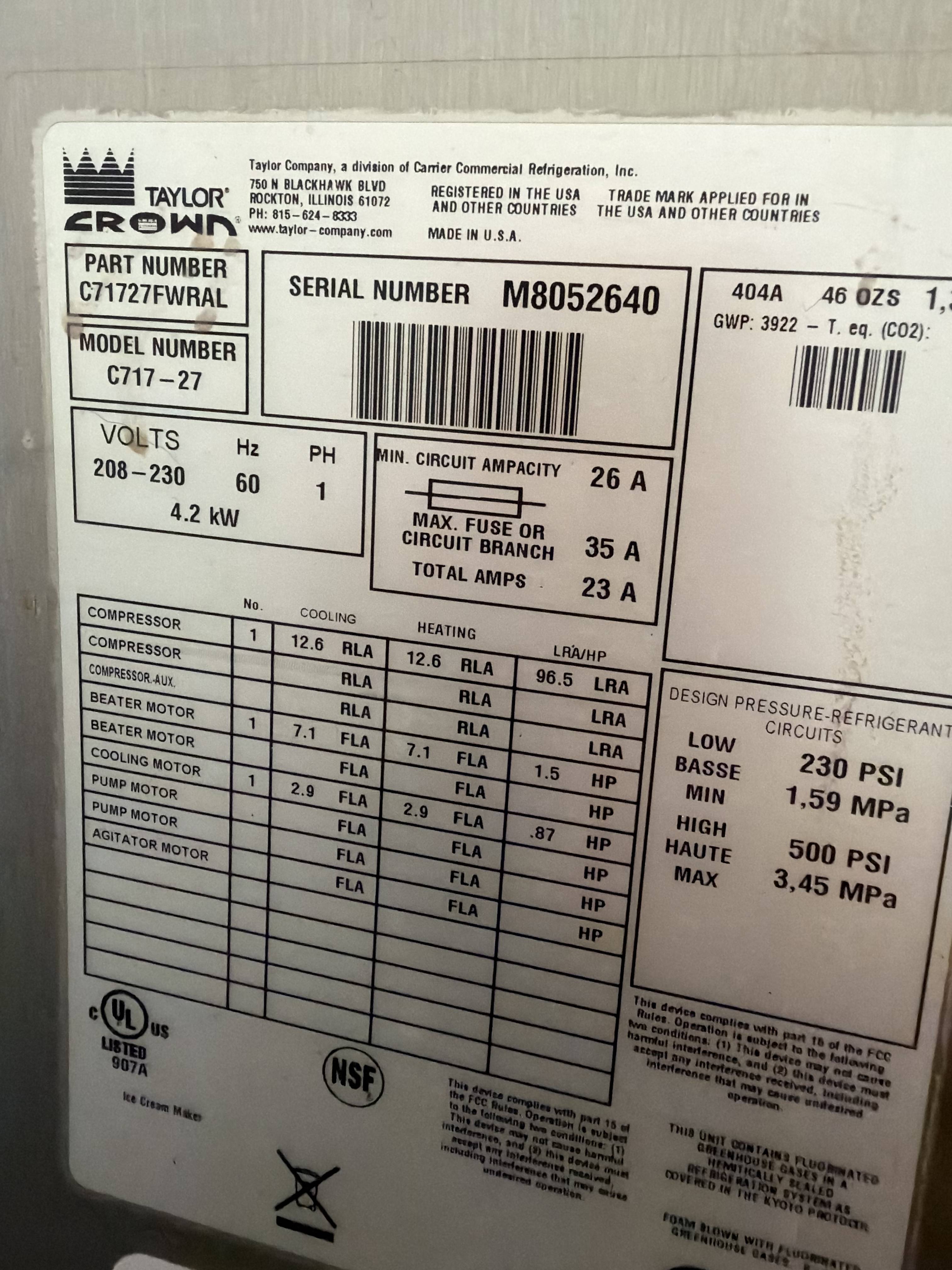 2018 Taylor C717-27 – Air Cooled – 1-Phase (220V)