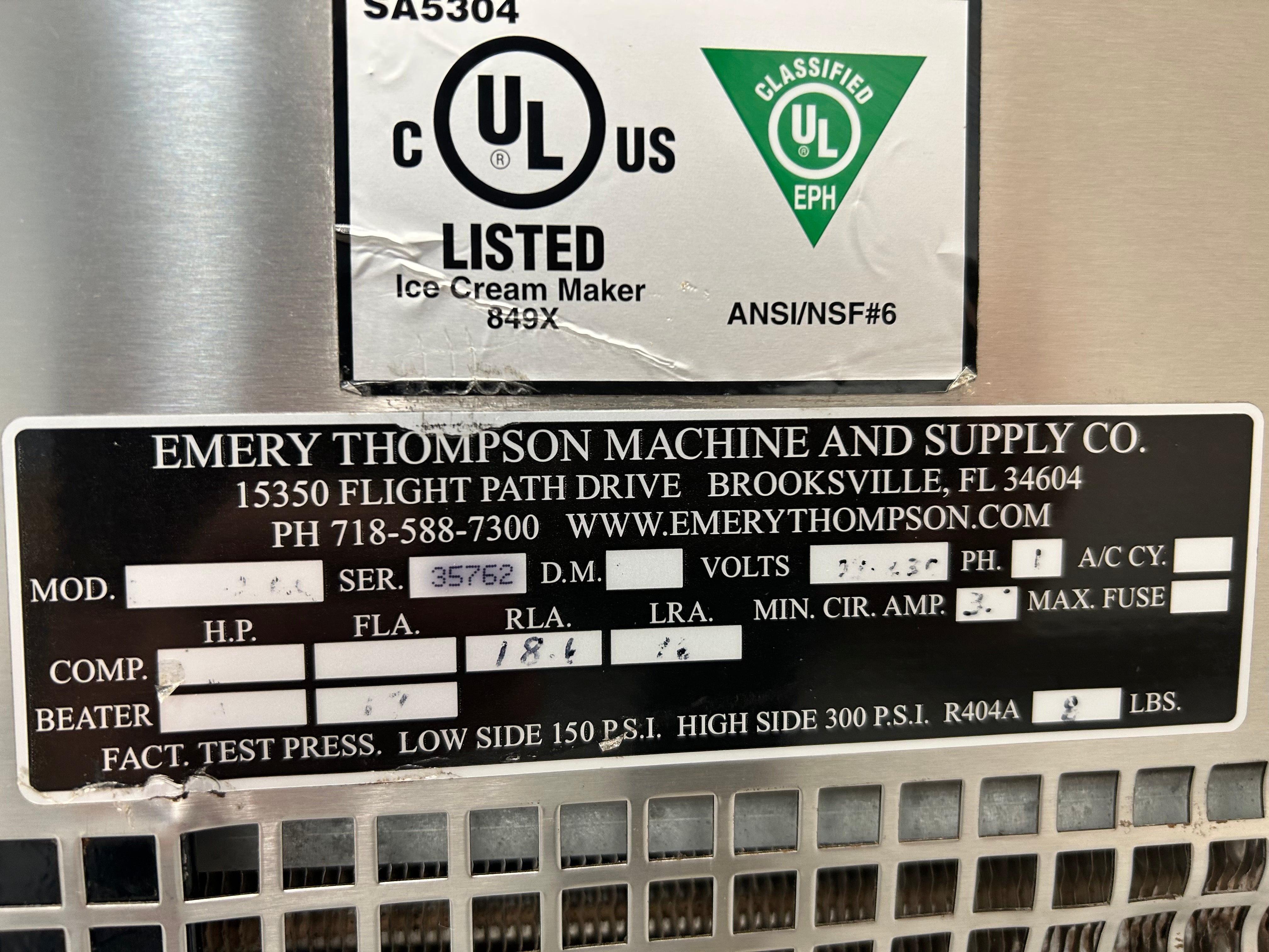 2013 Emery Thompson 24LA-IOC-1 Single Phase Air 24qt Batch Freezer