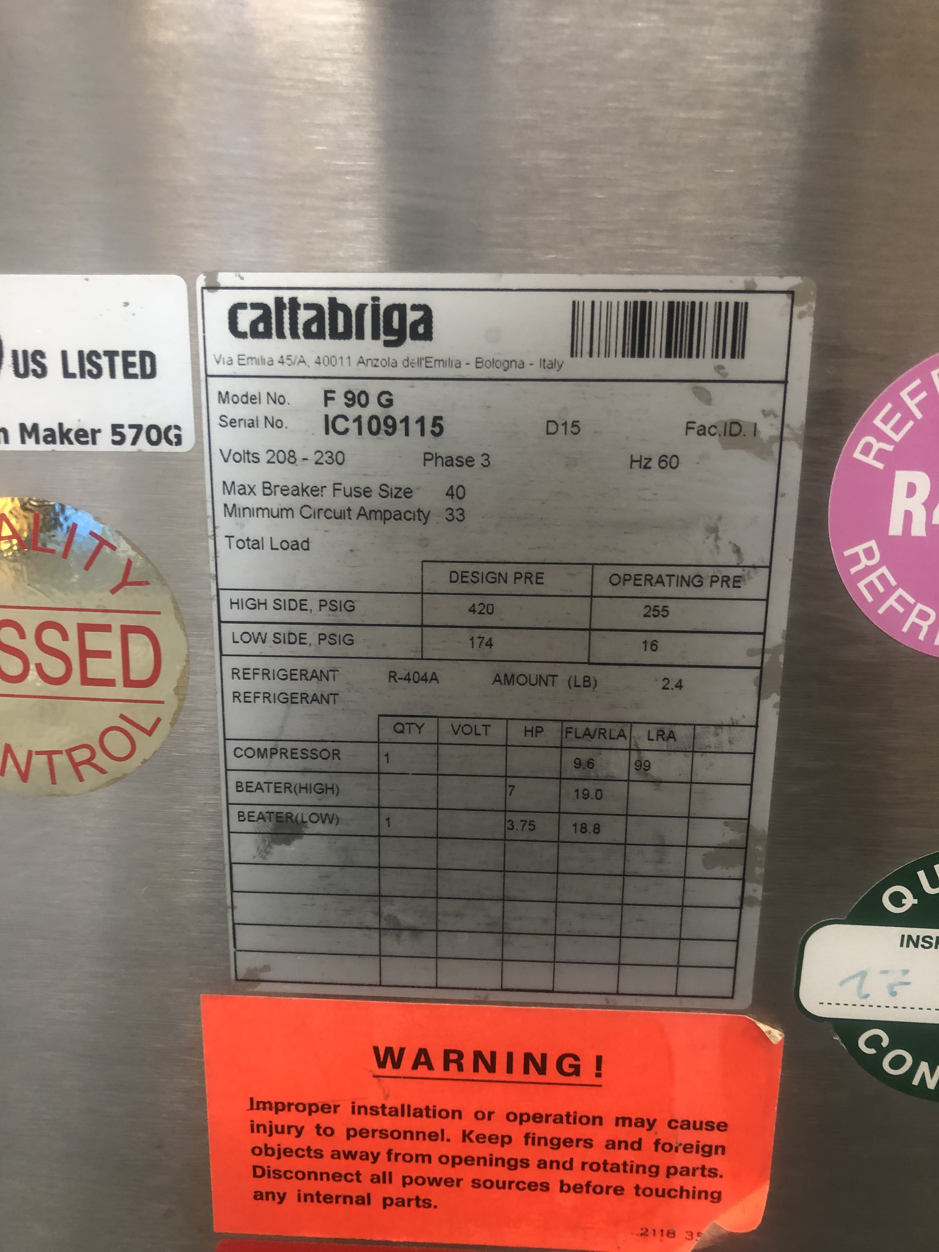 2015 Cattabriga F 90 G Gelato Batch Freezer 3Ph Water